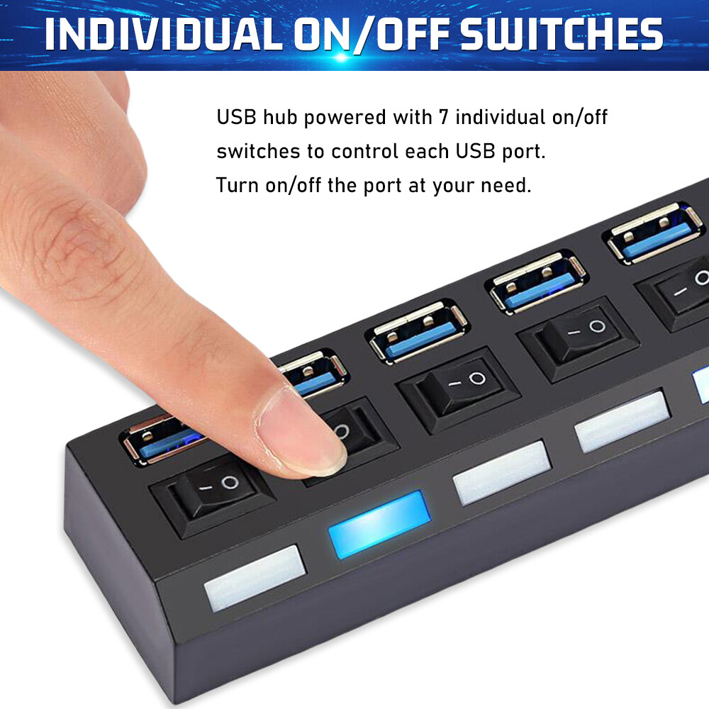 USB 3.0 Hub 7 Port On/Off Switch High Speed Splitter AC Adapter Cable PC Laptop