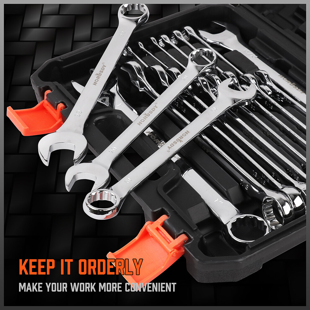 HORUSDY 32PCS Combination Wrench Set Inch MM 1/4"-1" 7mm-22mm 12 Point With Case