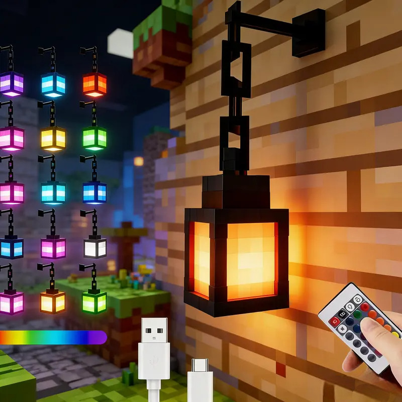 Pixel Night Light Lantern LED Lamp 16 Colors Changing Kids Room Decor Gamer Gift