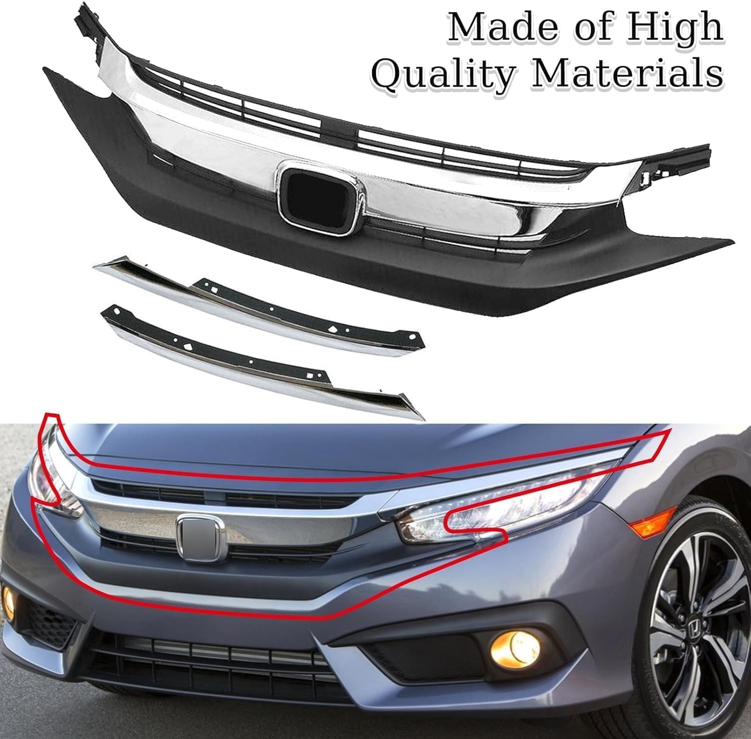 Front Bumper Grille Upper Grill With Chrome Headlight Eyelid Molding Trim Fit...