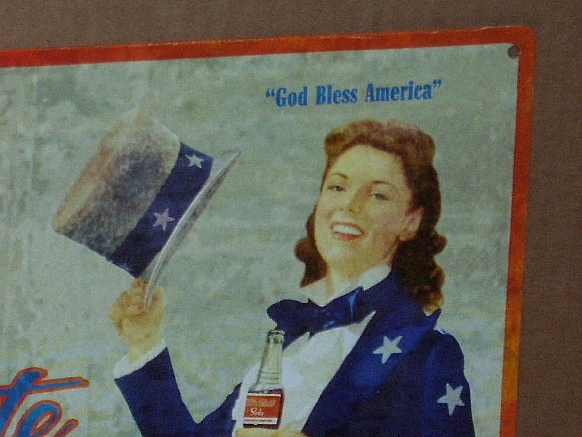 STAR BRITE SODA - TIN SIGN - Shows PRETTY GIRL - Drinking from OLD GLASS BOTTLE
