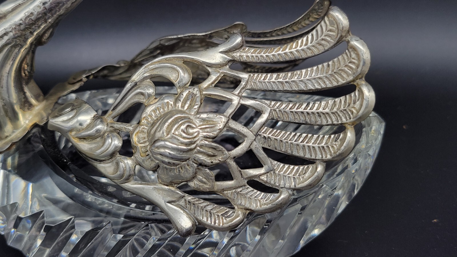 Vintage Sterling Silver & Crystal Swan Master Salt Cellar / Caviar Bowl, 5 1/4"