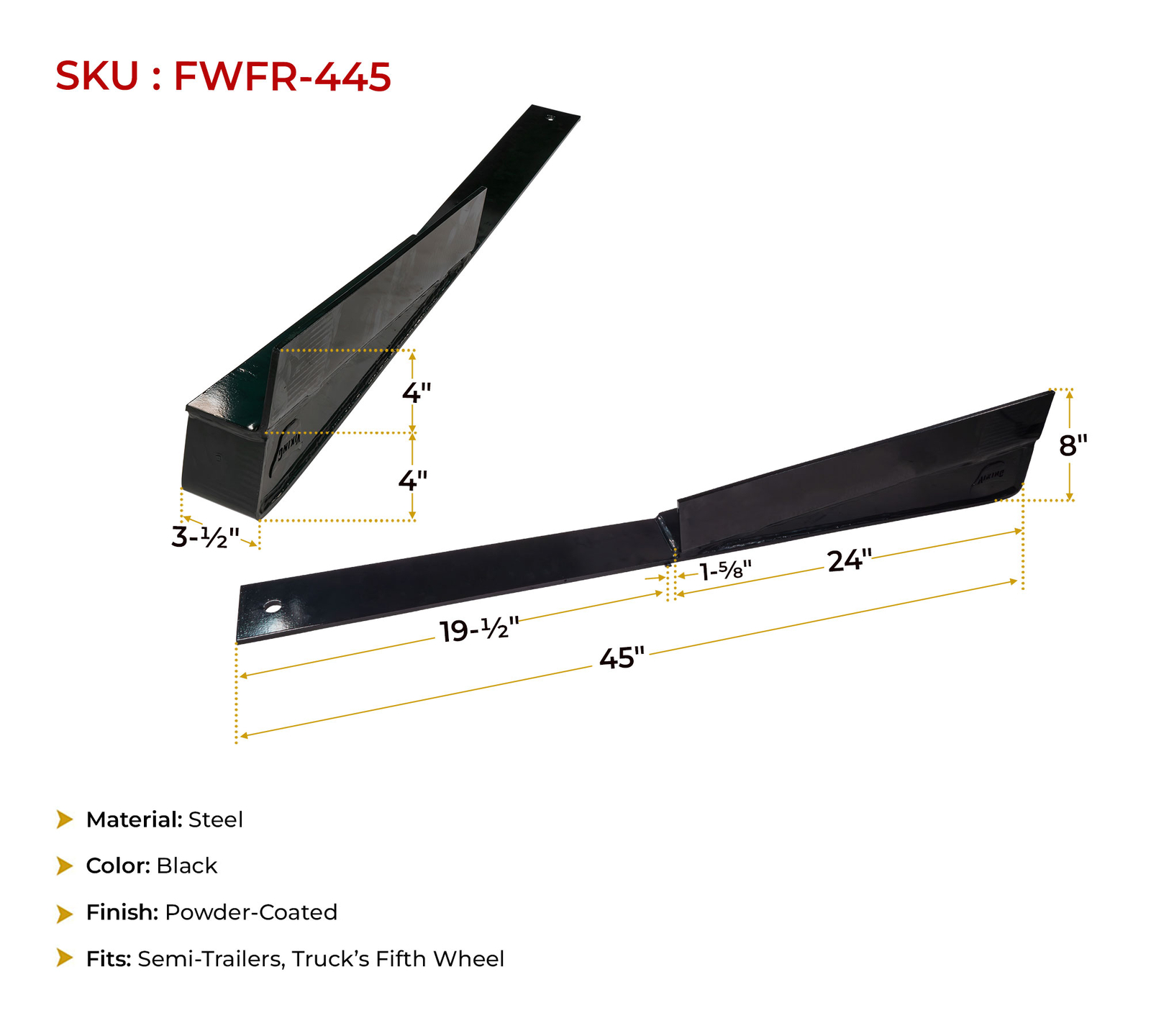 3.5"x4"x45" Black Fifth Wheel Frame Ramps w/ 4" Rise for Semi Trucks (Set of 2)