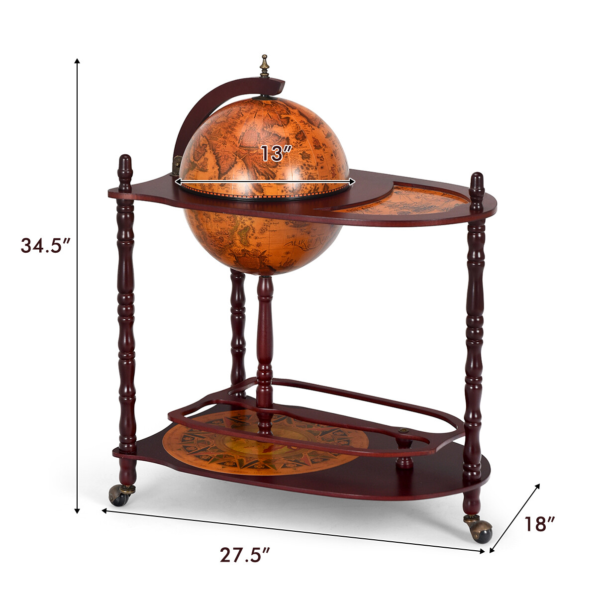 Wood Globe Wine Bar Stand 34" H 16th Century Italian Rack Liquor Bottle Shelf