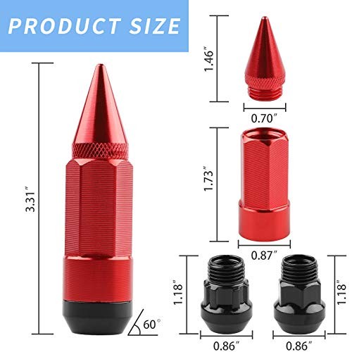 24Pcs Anti Theft Spikes Extended Tuner Wheel/Rims Lug Nut M14X1.5+Socket() Red