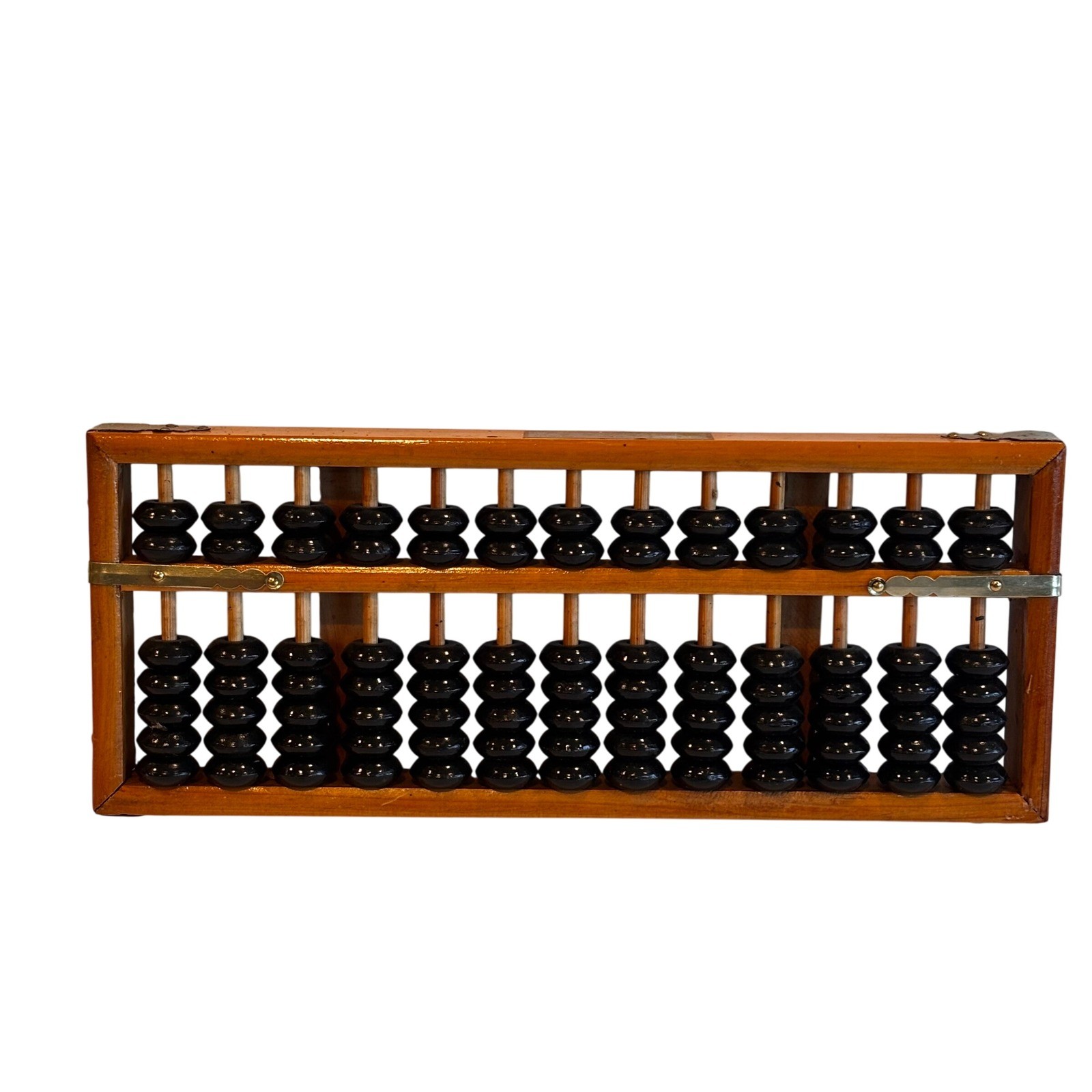 Vintage Chinese Wooden Abacus 13 Column Suanpan Brass Accents Black Beads