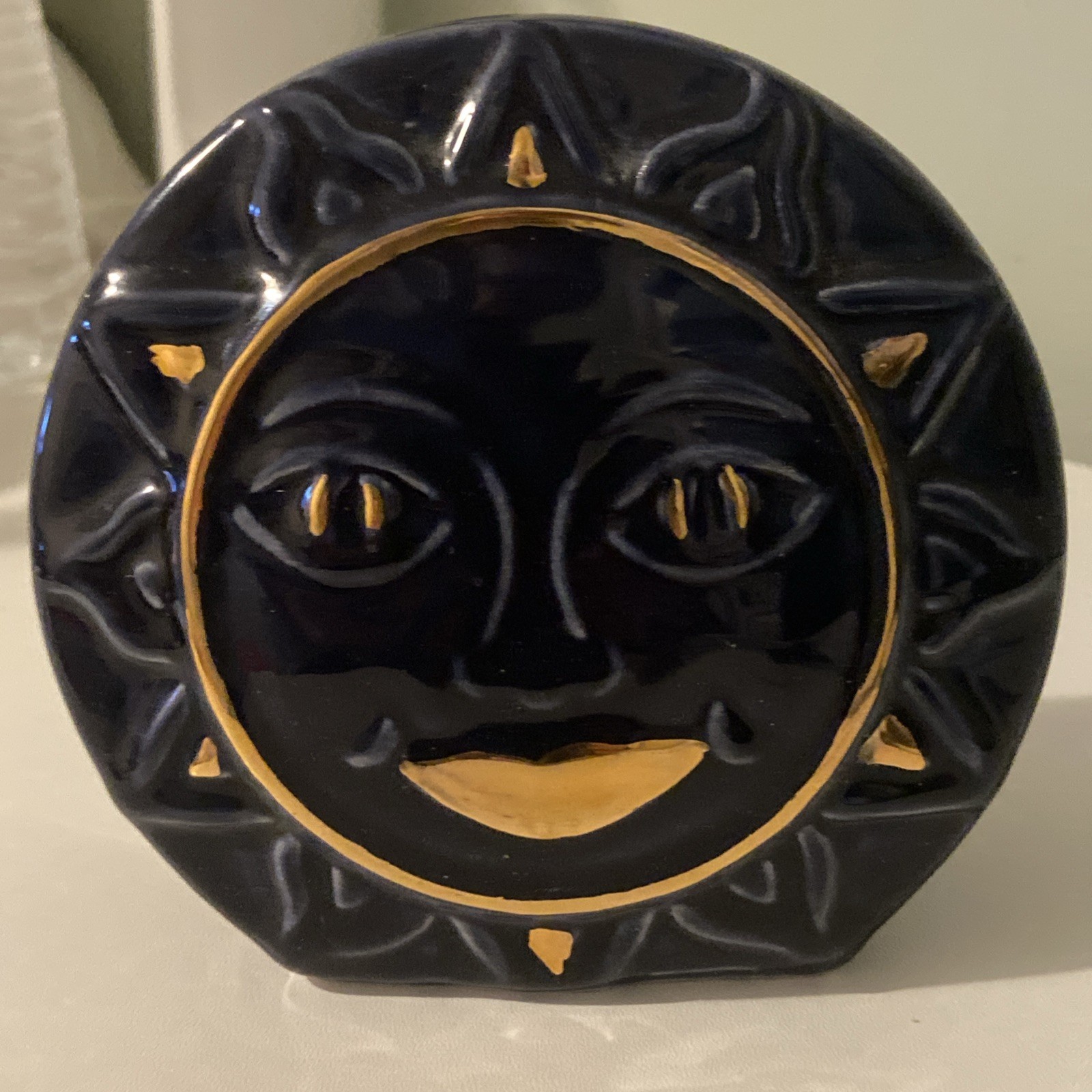 Vtg Celestial Sun Ceramic Toothbrush Holder Bohemian Blue and Gold