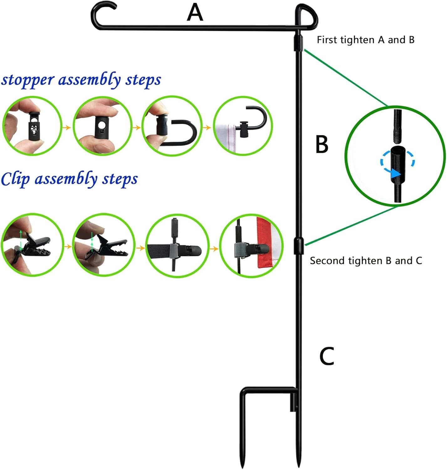 Garden Flag Stand-Holder-Pole with Garden Flag Stopper and Anti-Wind Clip for...
