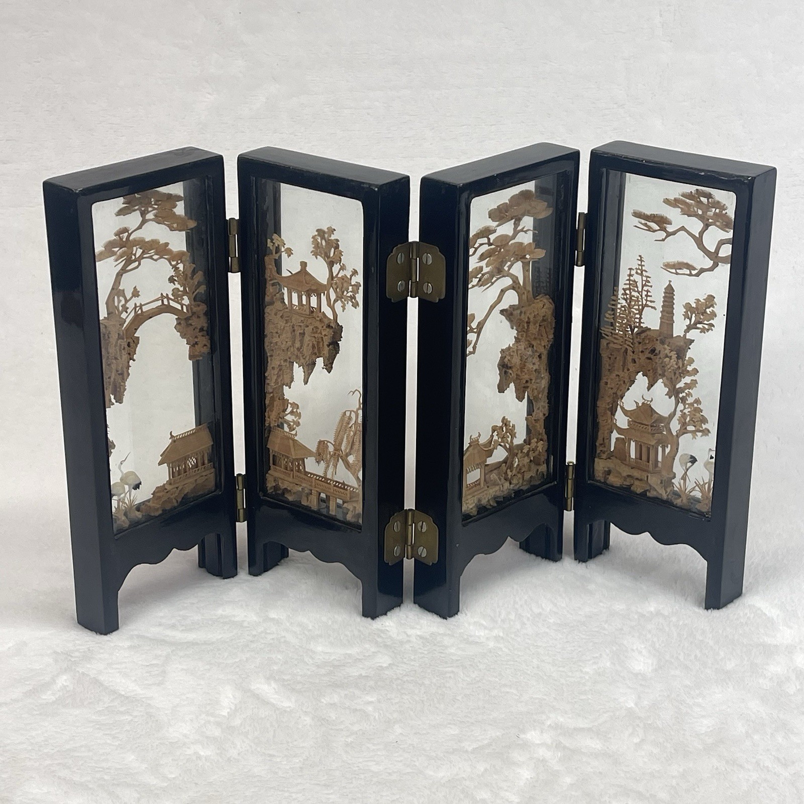 Vintage Chinese Cork Diorama Folding Screen Double Glass Lacquer Wood 4 Panel