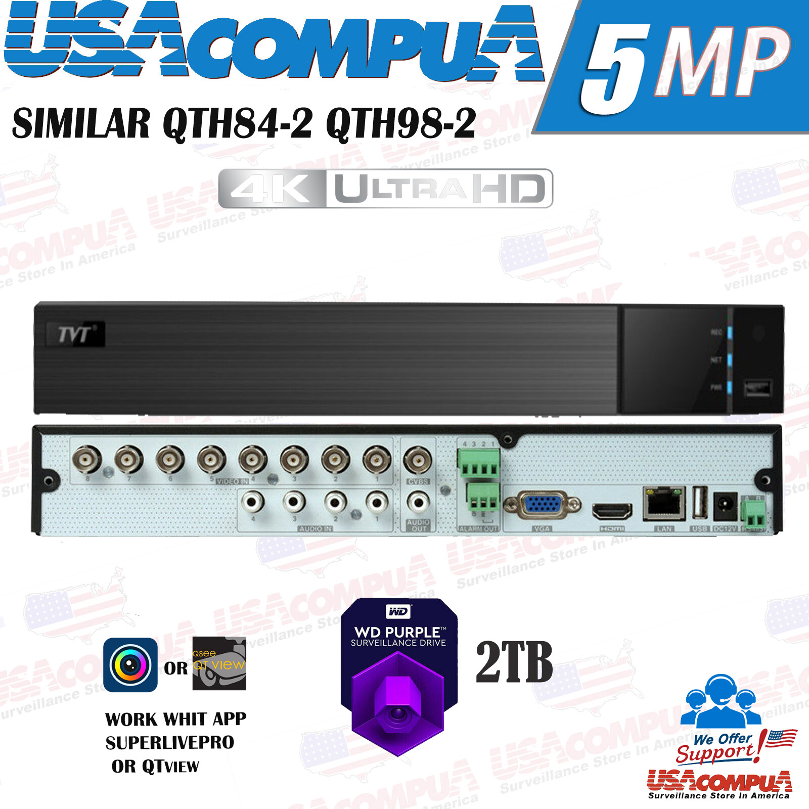 TVT SIMILAR (Q-SEE QTH98-2) 8 Channel  DVR HD 1080p 2TB TB PURPLE MULTIFORMATO