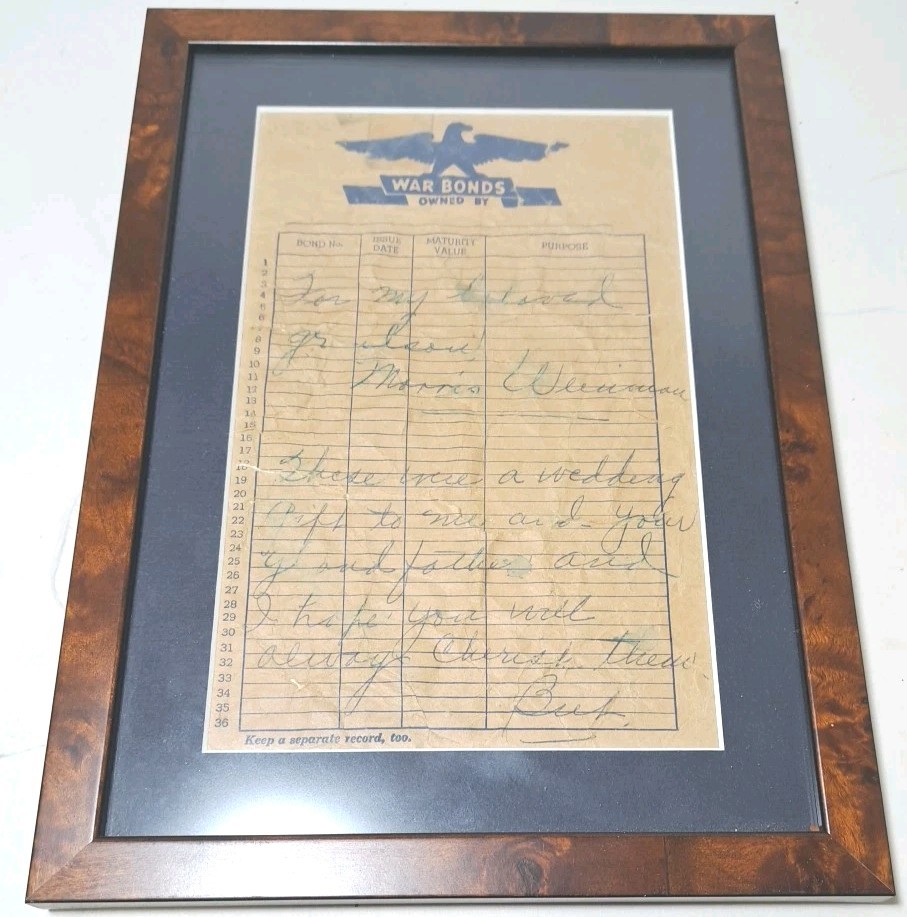 ANTQ/VTG WAR BONDS OWNED BY Personal Record Sheet Framed Document