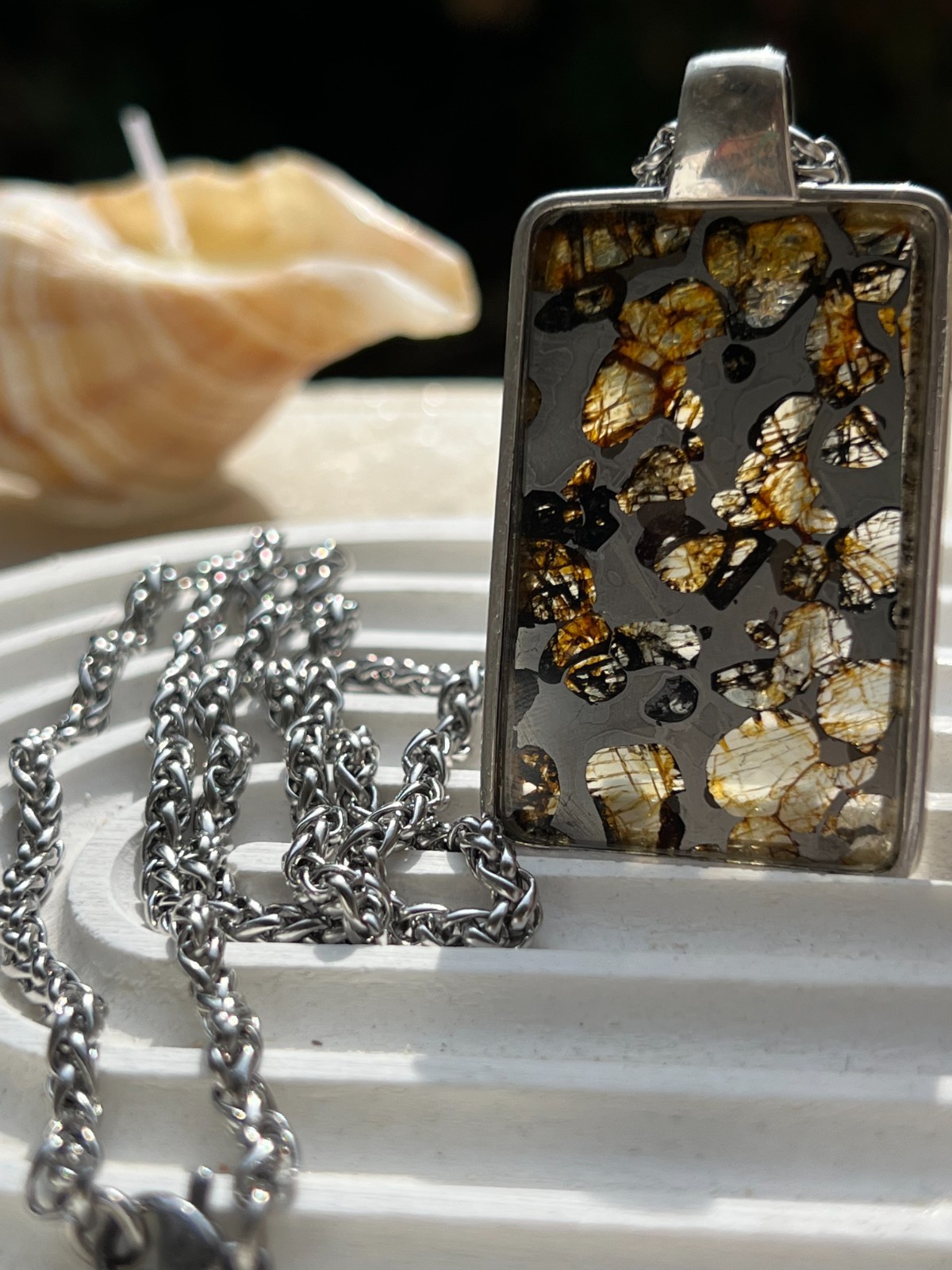 Sericho Pallasite olivine Meteorite Military Pendant 925 Sterling Silve Frame