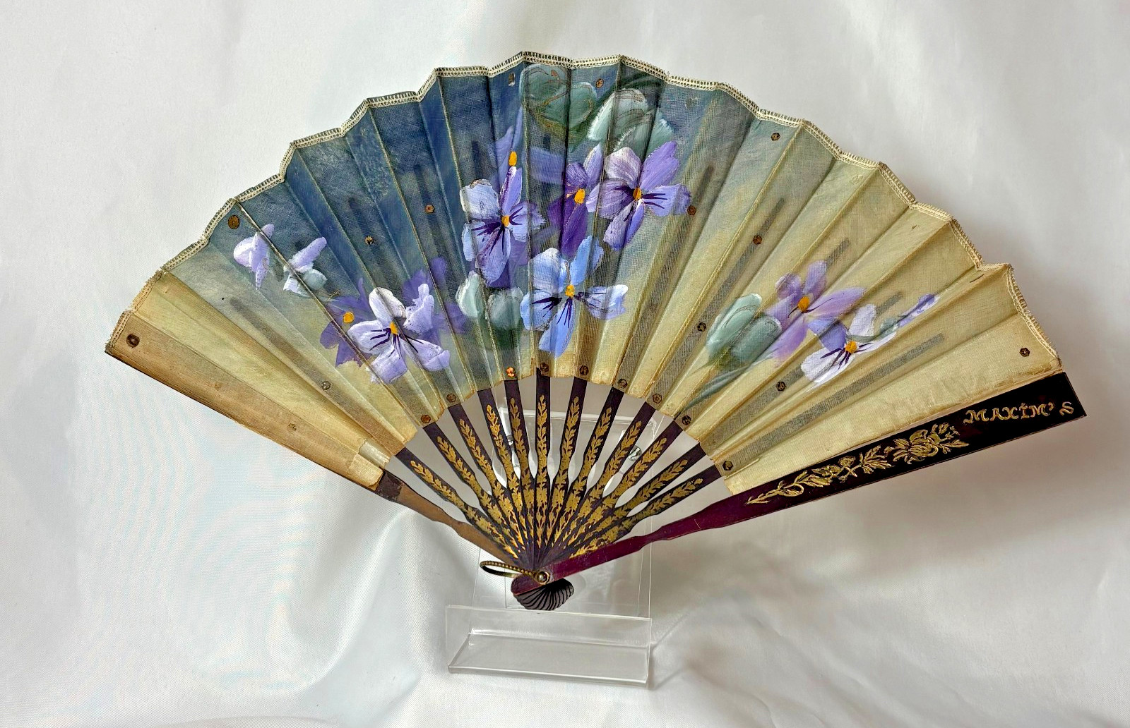 Vtg Maxim's Linen Folding Fan Painted Purple Pansies W/ Gold Sequins France