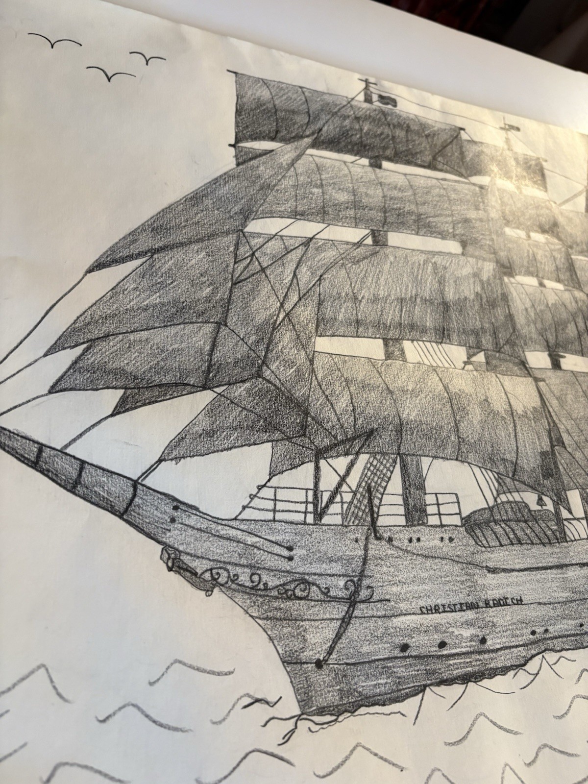 Pencil Drawing Norwegian Full Rigged Tall Sailing Ship Christian Radich Signed