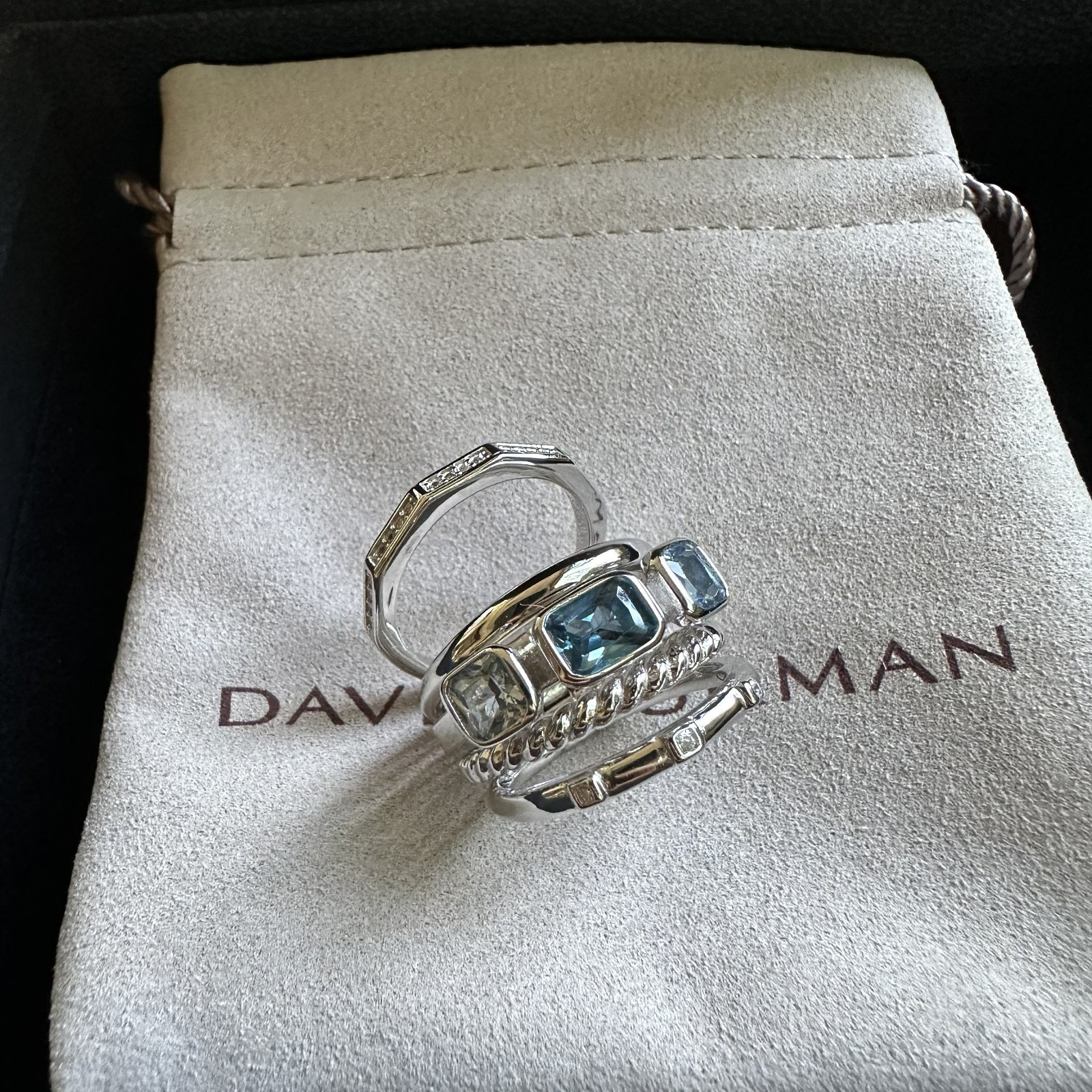 David Yurman Sterling Silver Stax Ring with Blue Topaz & Diamonds Size 7