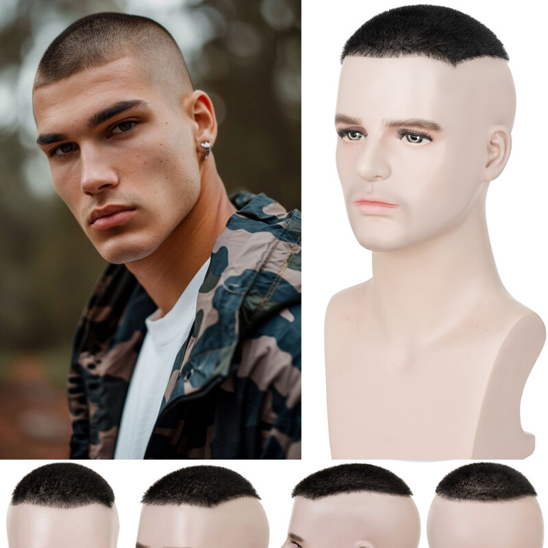 Mens Toupee Hairpiece 100% Human Hair System Thin PU Skin Base Short Buzz Cut US