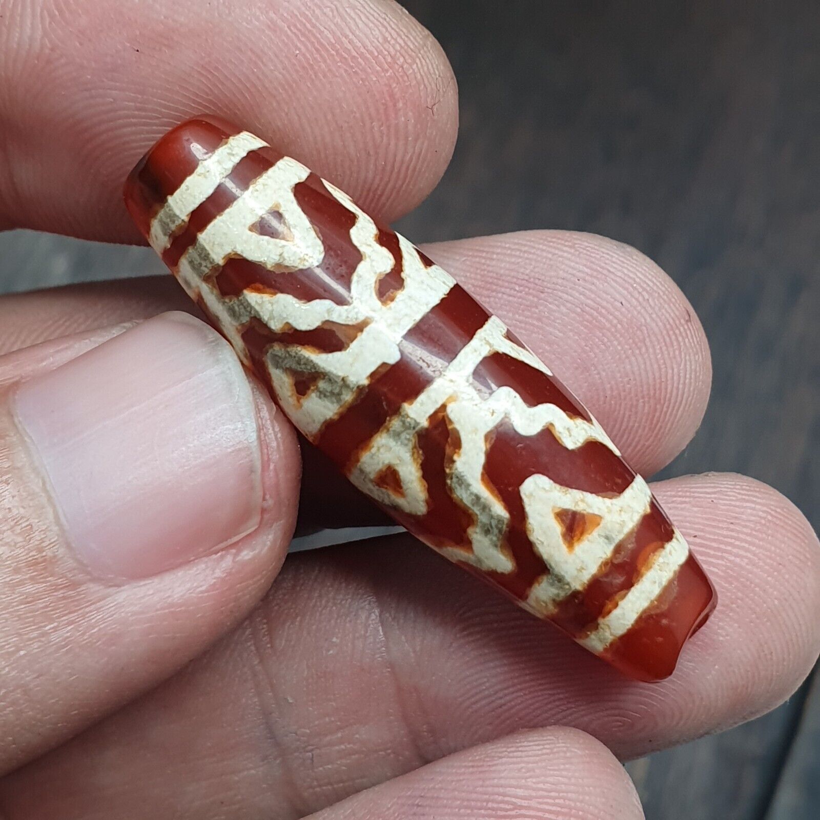 Antique Tibetan Nepalese RED Etched Agate Bead Decorated Carnelian Beads ETC-2