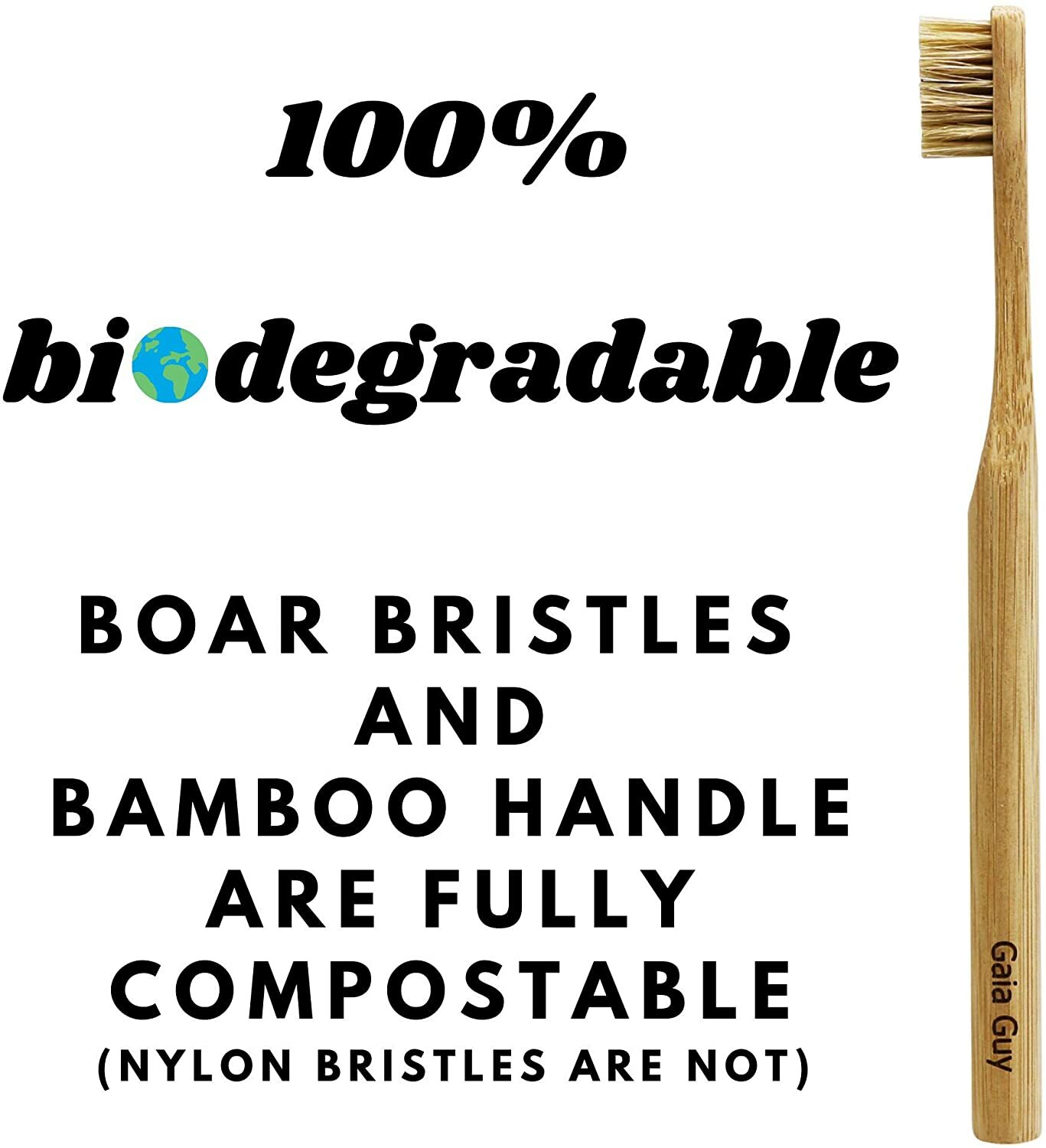 Gaia Guy - Natural Bristle Bamboo Toothbrush - Totally Biodegradable - 6-Pack