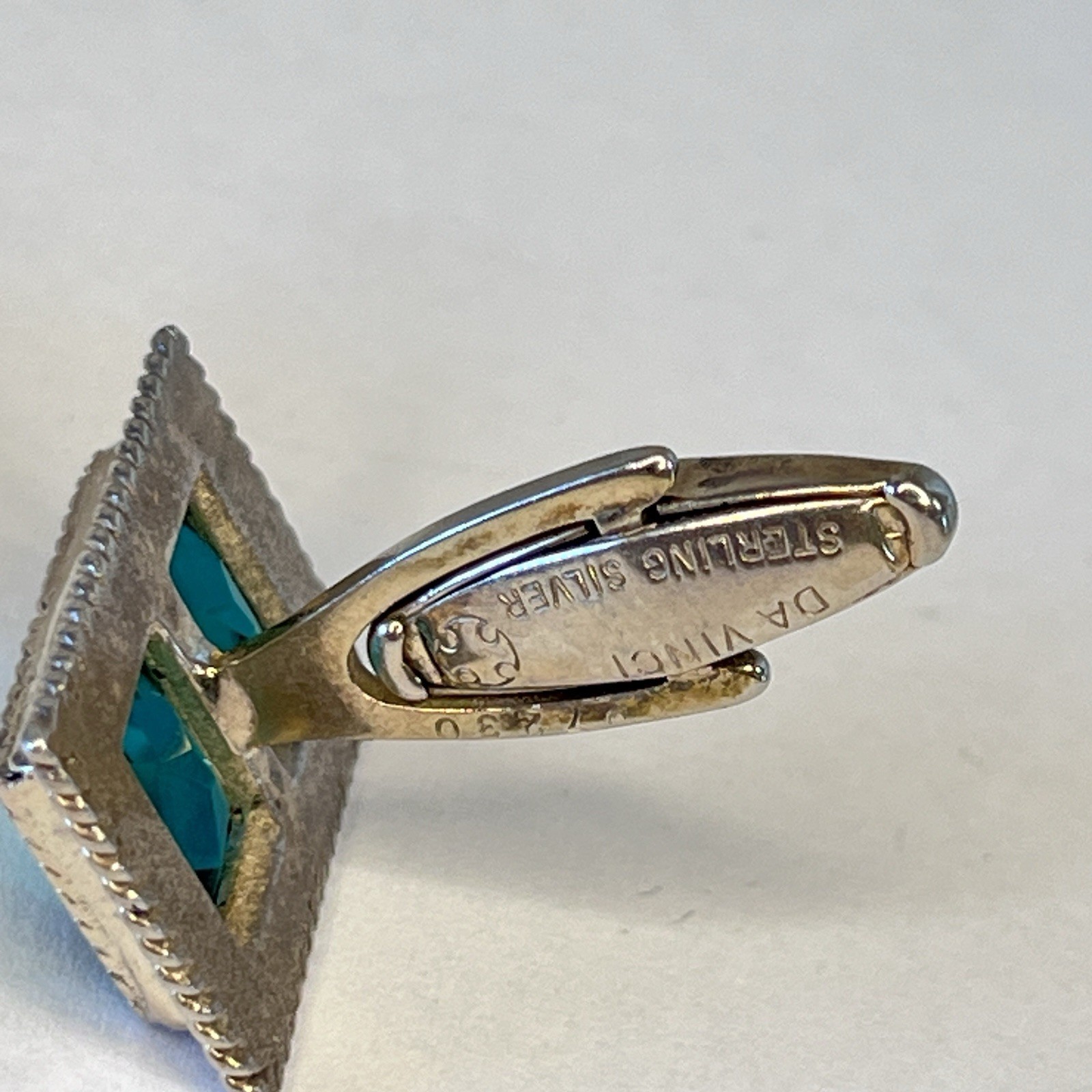 925 Sterling Silver Vintage Cuff Links DA VINCI Green Emerald cut Crystal slx
