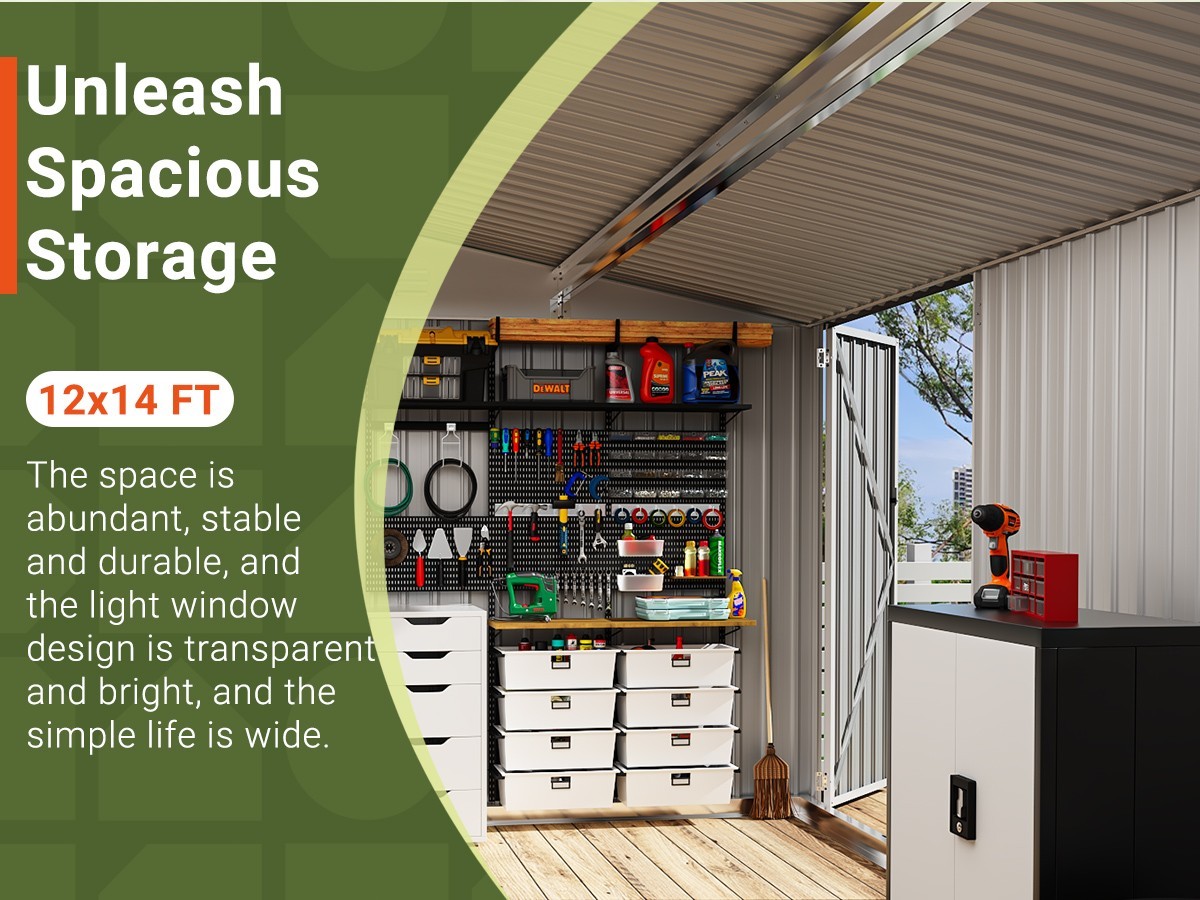 12x14 FT Outdoor Metal Storage Shed with Window,Lockable Metal Garden Tool Shed