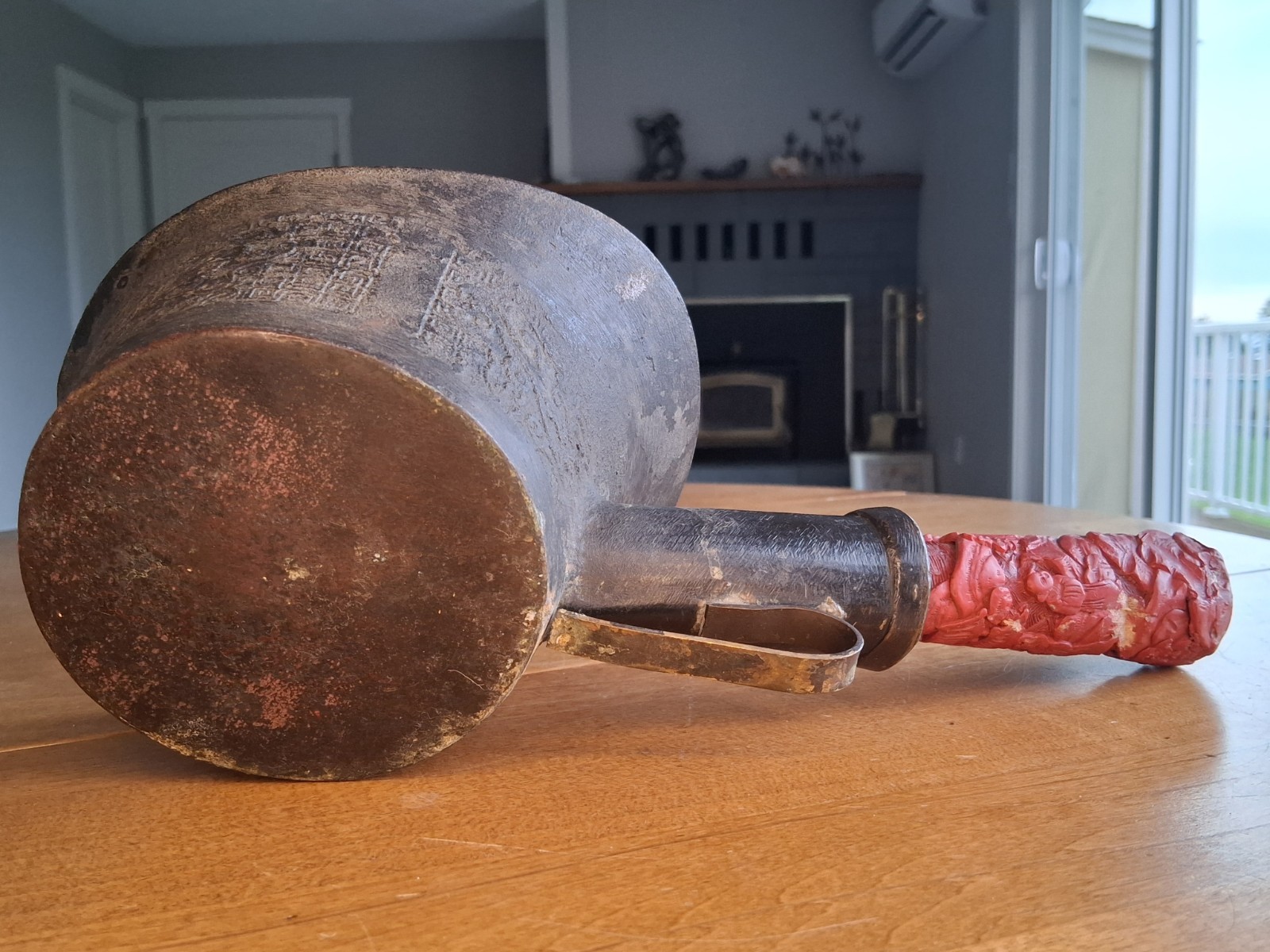 Antique 12" Big Chinese Bronze Silk Iron w/ Carved Cinnabar Handle, Hole Shown