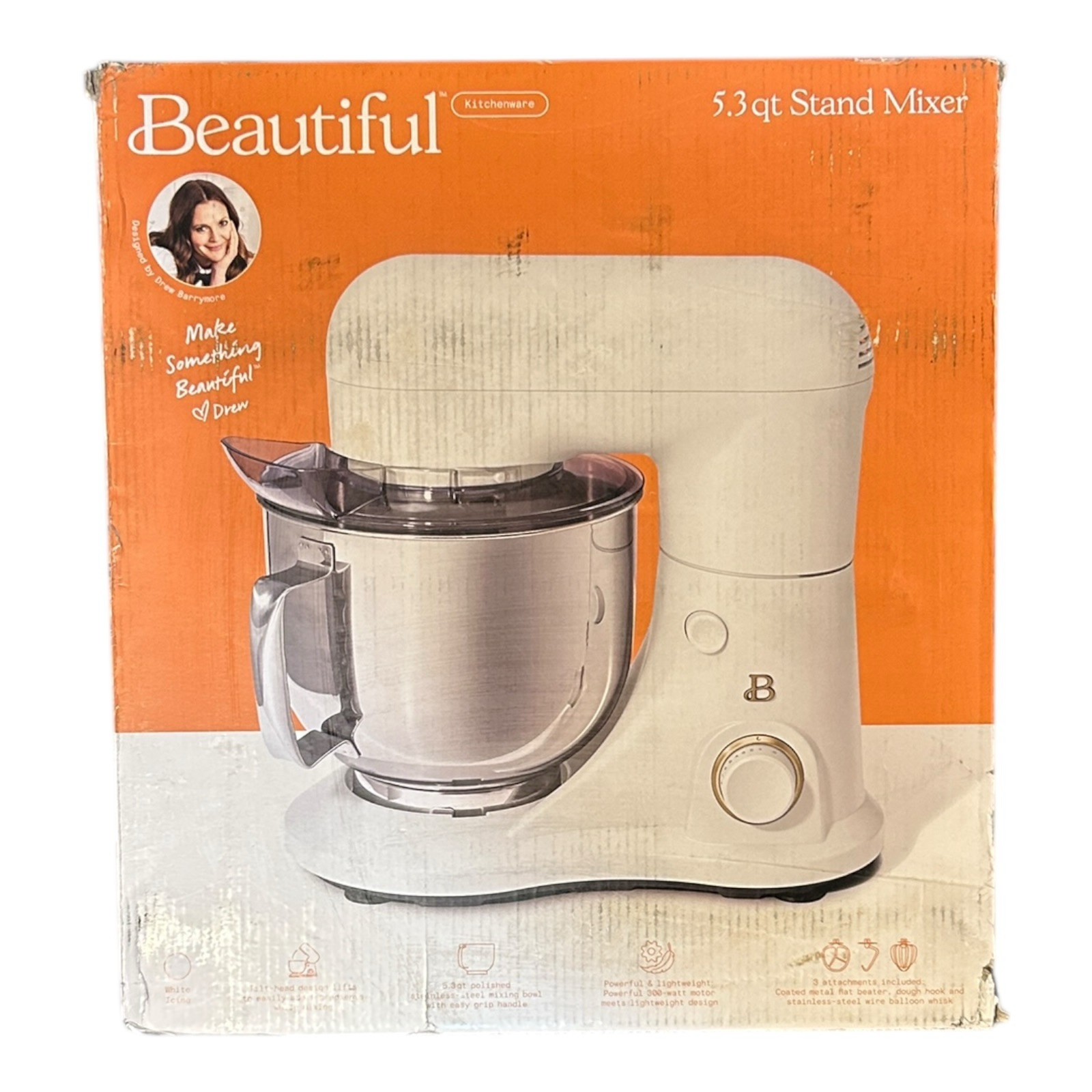 Beautiful 5.3 Qt Stand Mixer Drew Barrymore White w/ Stainless Steel Bowl New