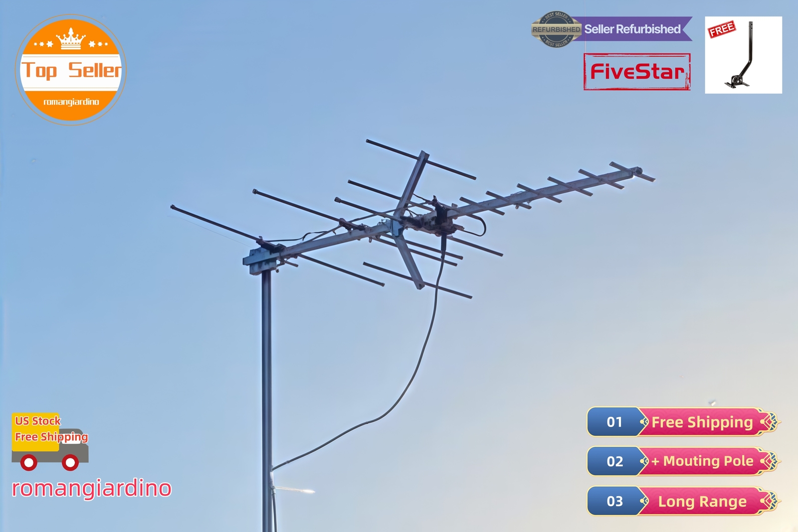 Yagi Outdoor TV Antenna 250 Mile for Strong, Weatherproof VHF UHF FM Pole