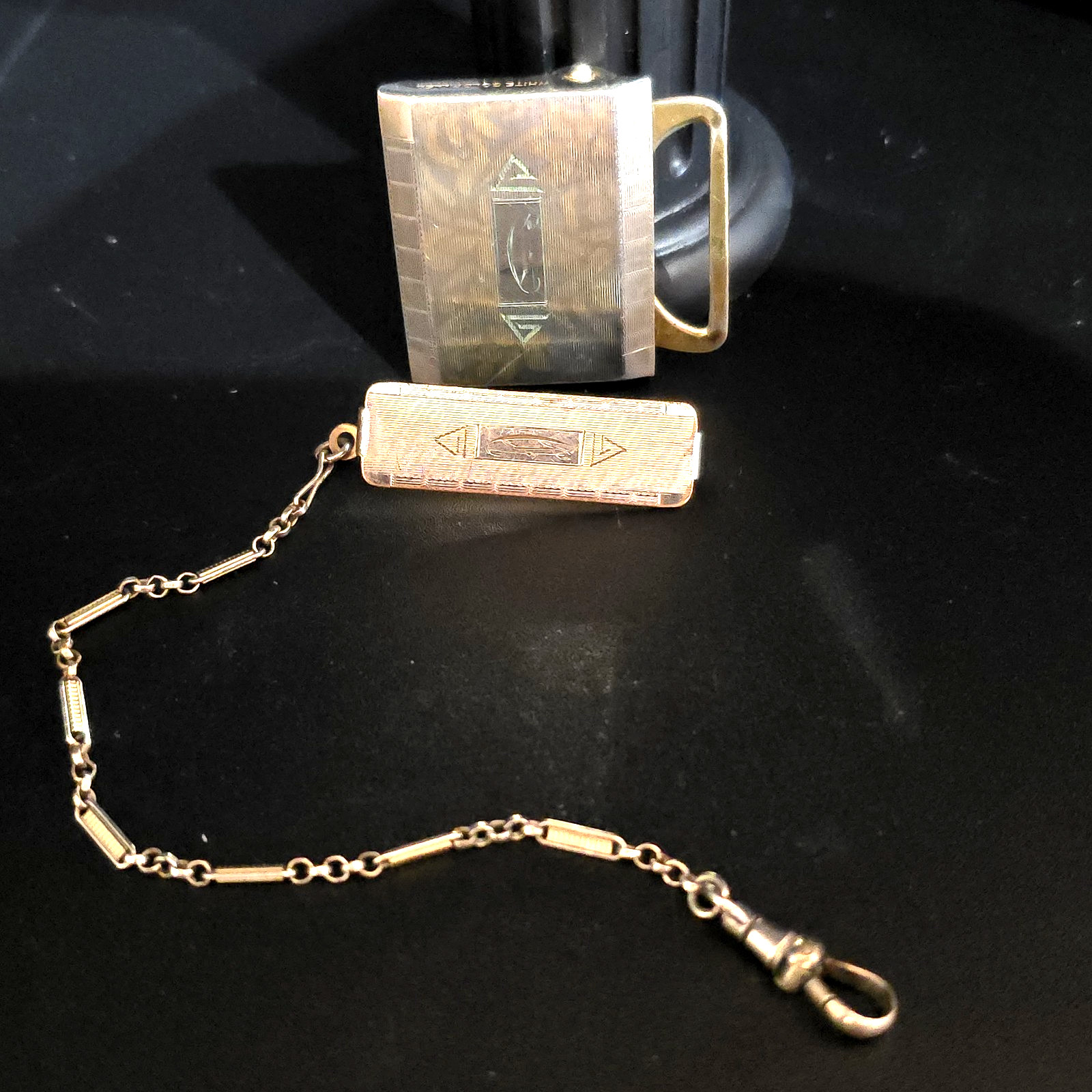 Art Deco SO BIGNEY Watch Chain for Belt 8" & Master Plate Belt Buckle White GF