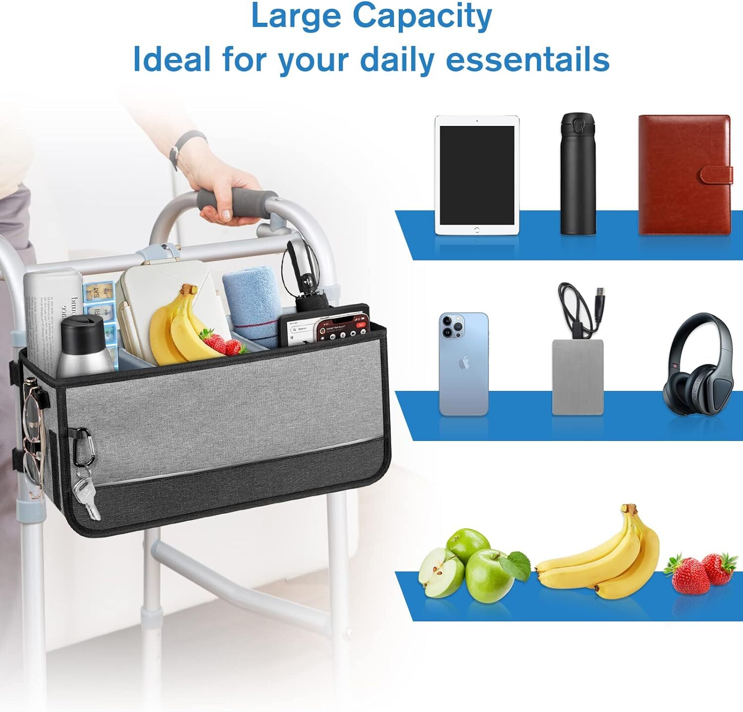 Large Walker Basket for Folding Walkers Foldable Walker Storage Bag for Elderly