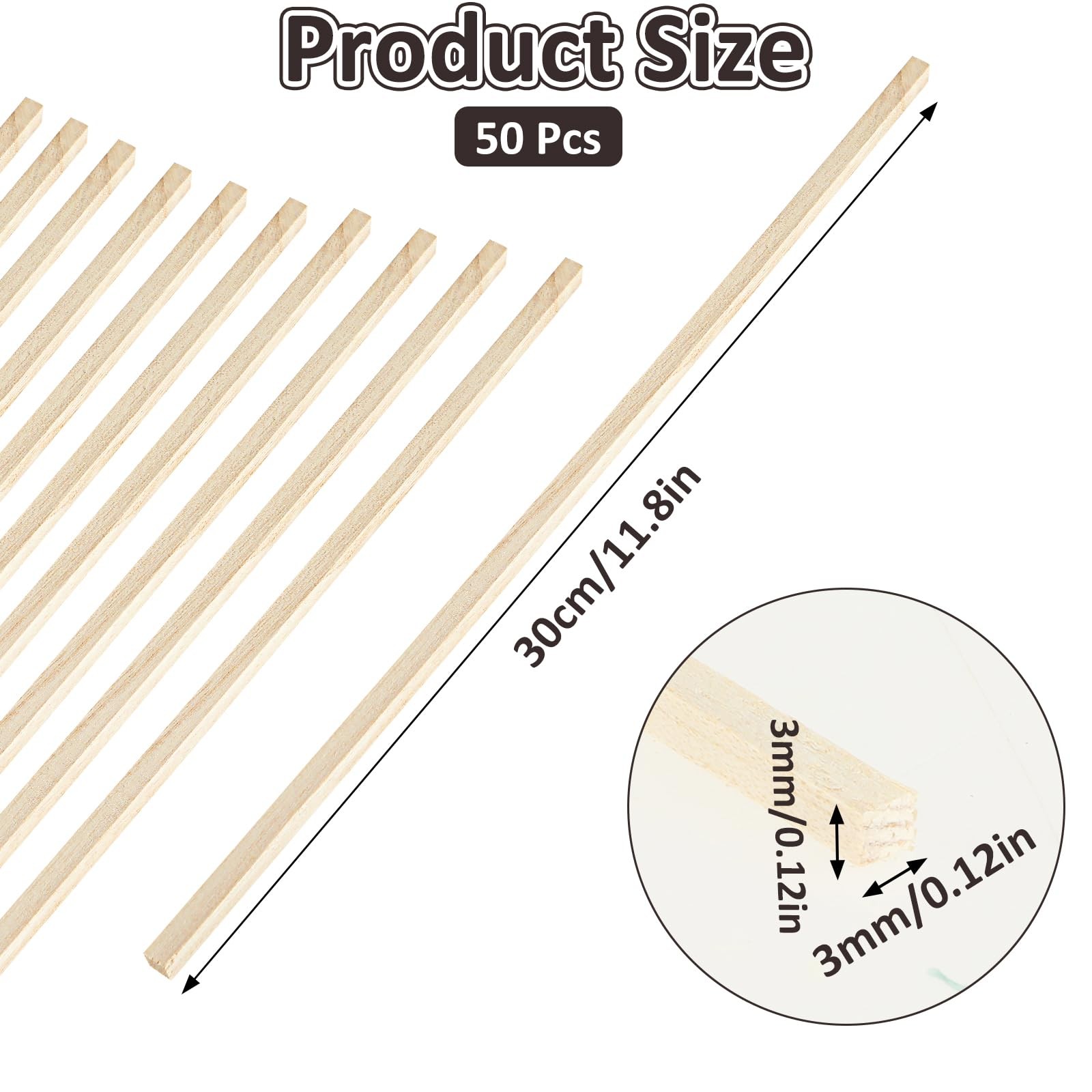 50 PCS Wooden Dowel Rods, Square Dowels 1/8" x 12"（50pcs）, wood color
