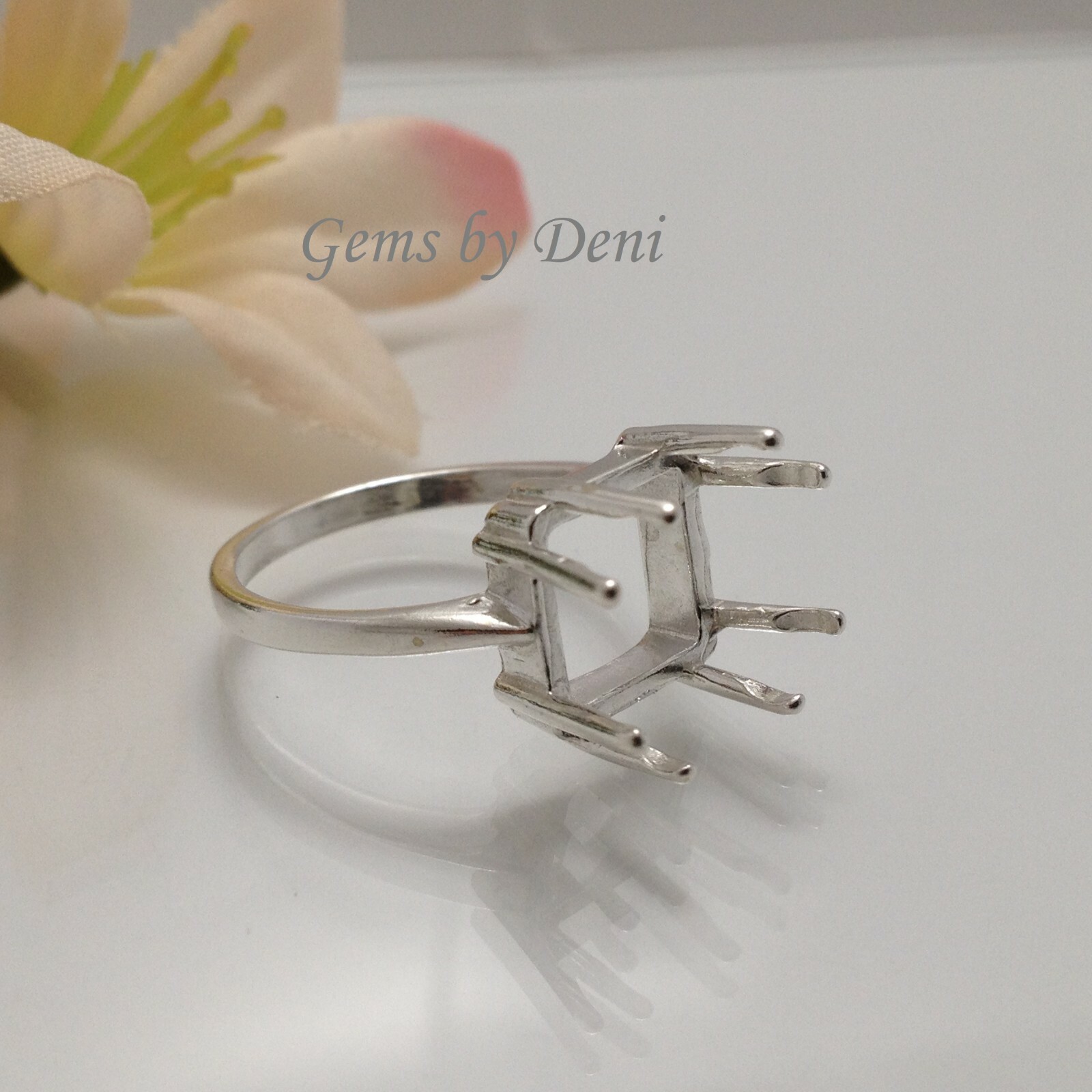 (5x5-12x12mm) Square 8-Prong Sterling Silver Pre-Notched Ring Setting Size 7