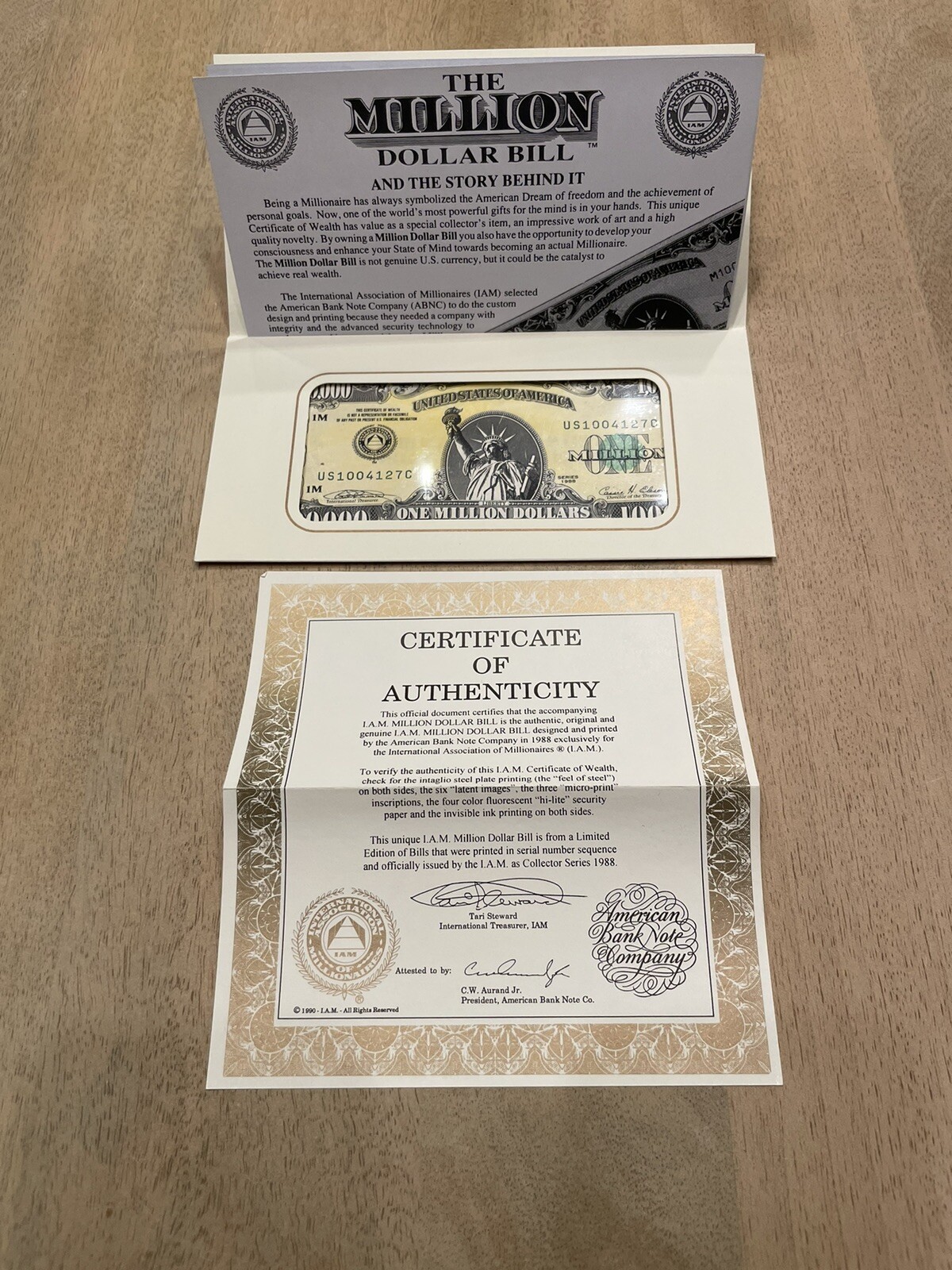 Million Dollar Bill - IAM Collector Series 1988 With Cert of Auth & Paperwork