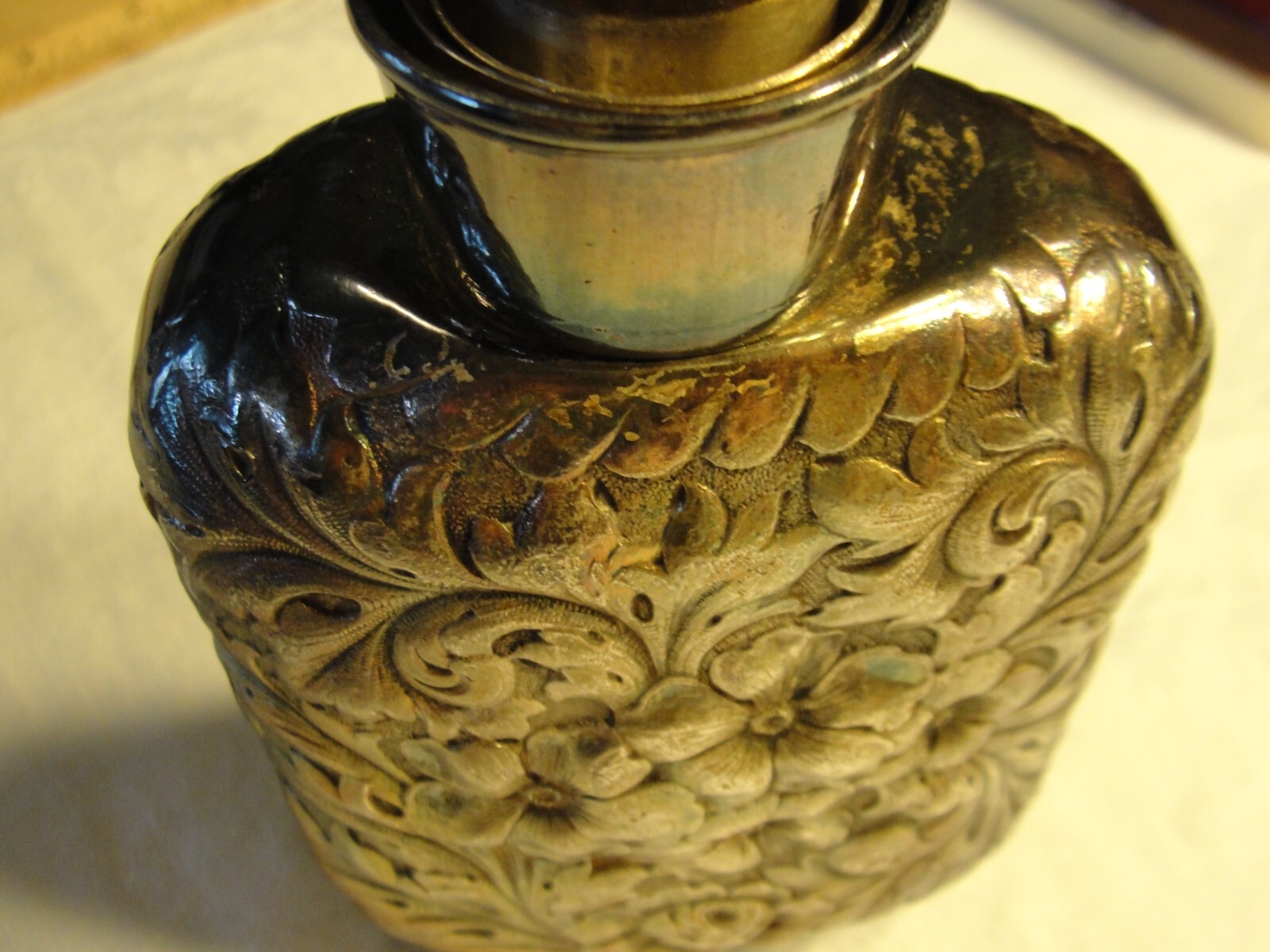 ANTIQUE REPOUSSE SIMPSON HALL MILLER SILVER PLATE FLASK TELESCOPING FUNNEL TOP