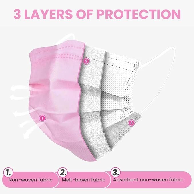 100/50 PCS Pink Protective 3 Layer Face Mask Respirator Disposable Masks BFE98%