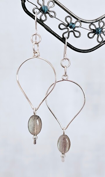 Handmade Silver Teardrop Hoop Dangle Boho Earrings with Labradorite Gemstones