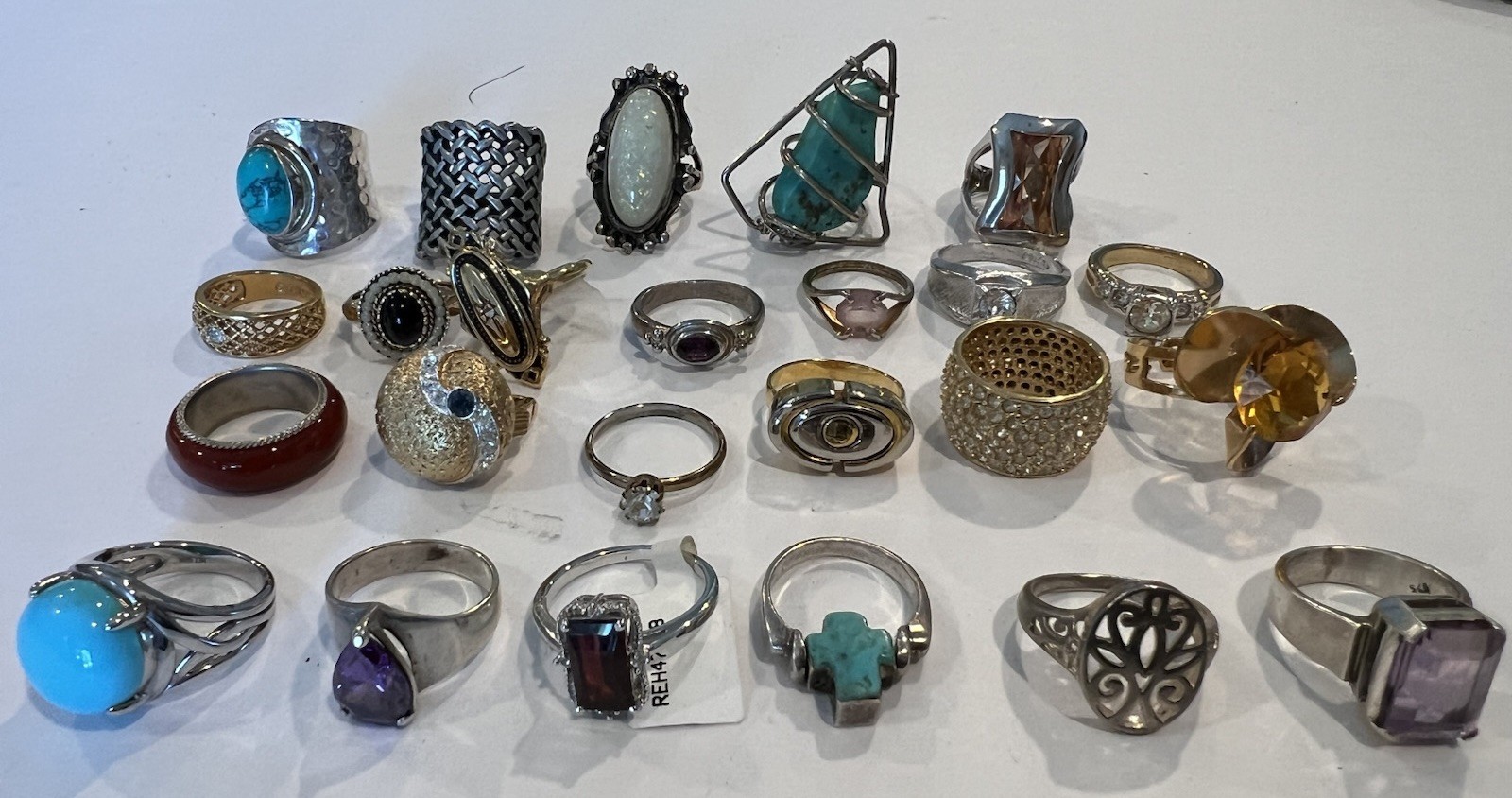 Vintage Costume Jewelry Lot Of 24 Mixed Rings w/ Gemstones Sterling Turquoise