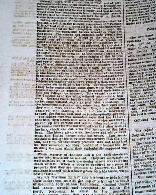 Kidder Fight Massacre w/ Gen. George Armstrong Custer in Kansas 1867 Newspaper