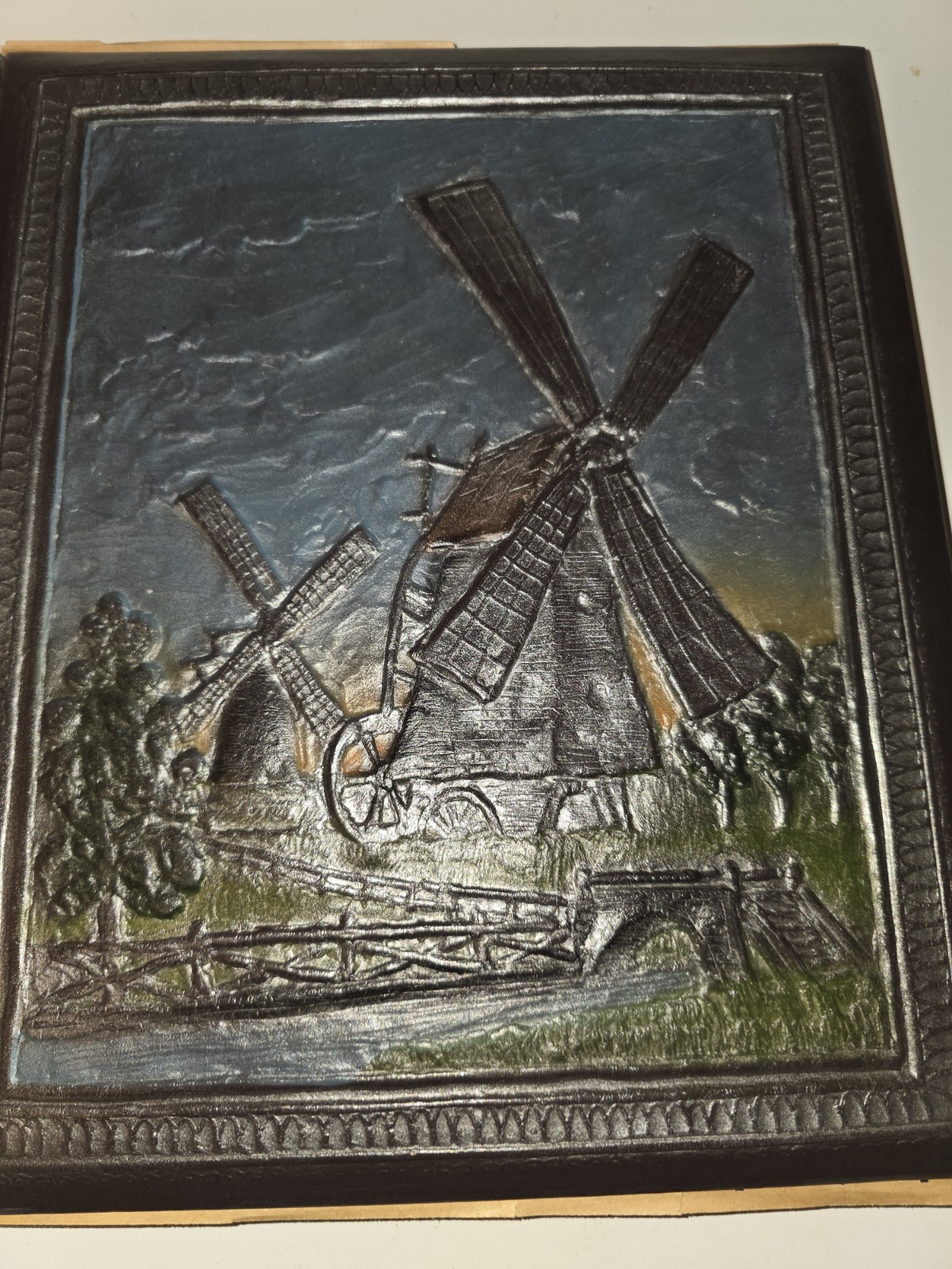 Vintage 70s Silver Magnetic Photo Album Embossed Windmill Faux Leather Japan