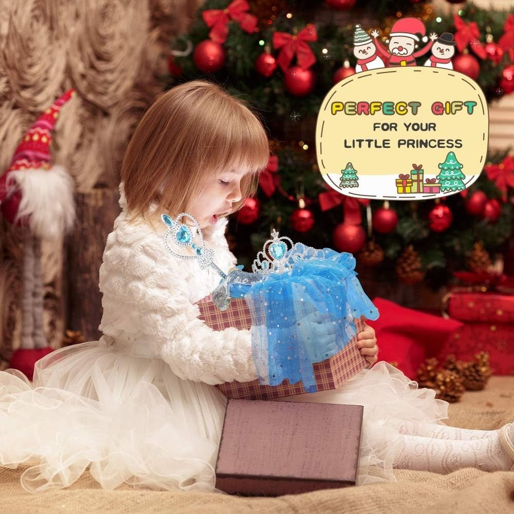 Princess Cape Set, 7 Pcs Girls Dress up Blue Cloak w/ Tiara Crown & Wand Costume