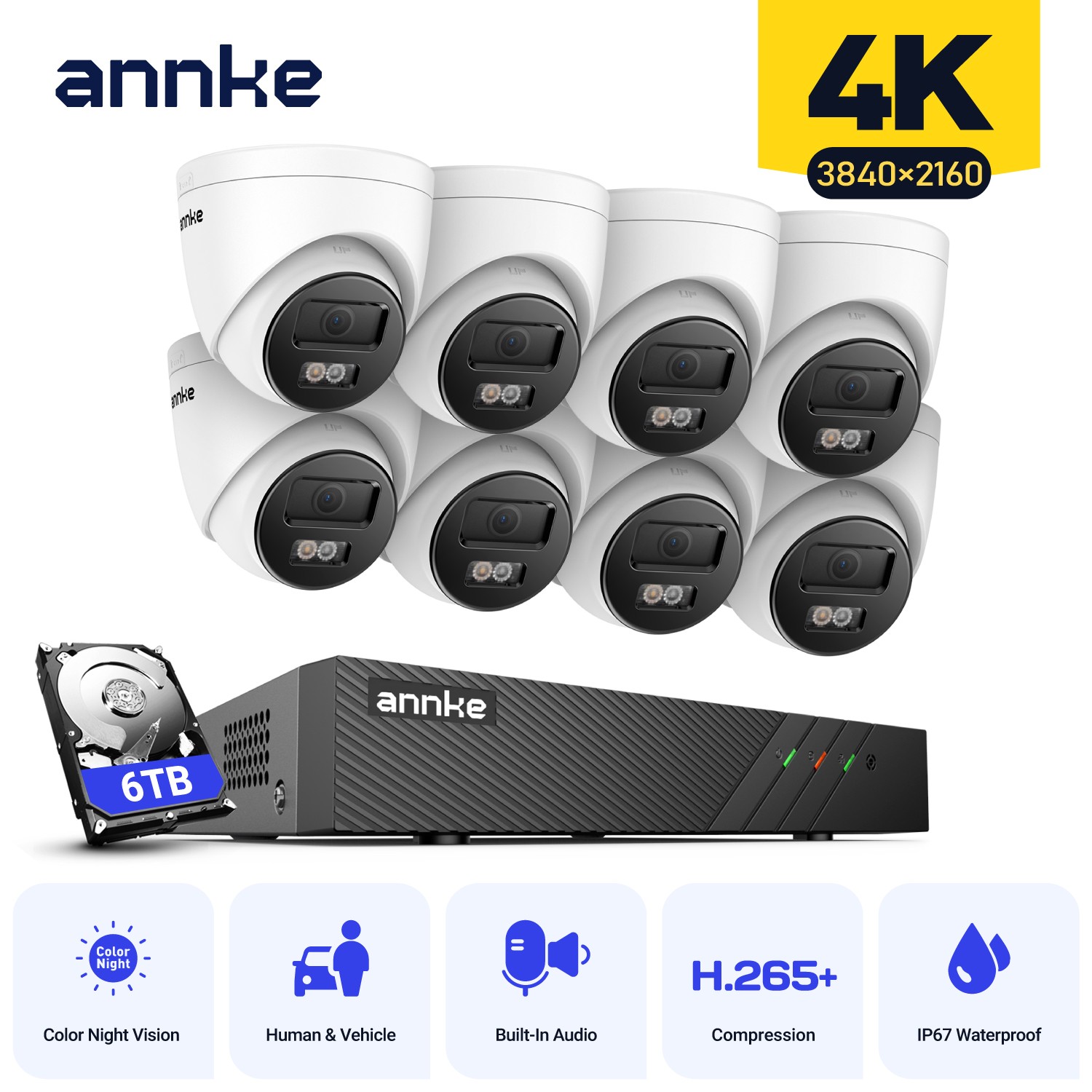 ANNKE 8CH 4K NVR 8MP Audio Recording POE Security Camera System Outdoor Color AI