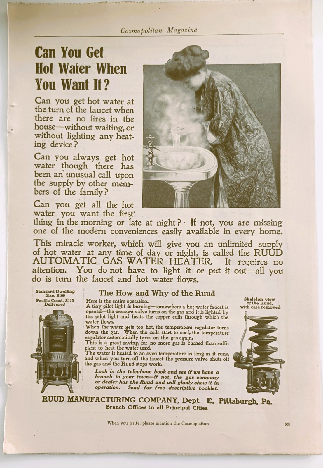 Antique 1911 RUUD Manufacturing Co.  Automatic Gas Water Heater Print Ad