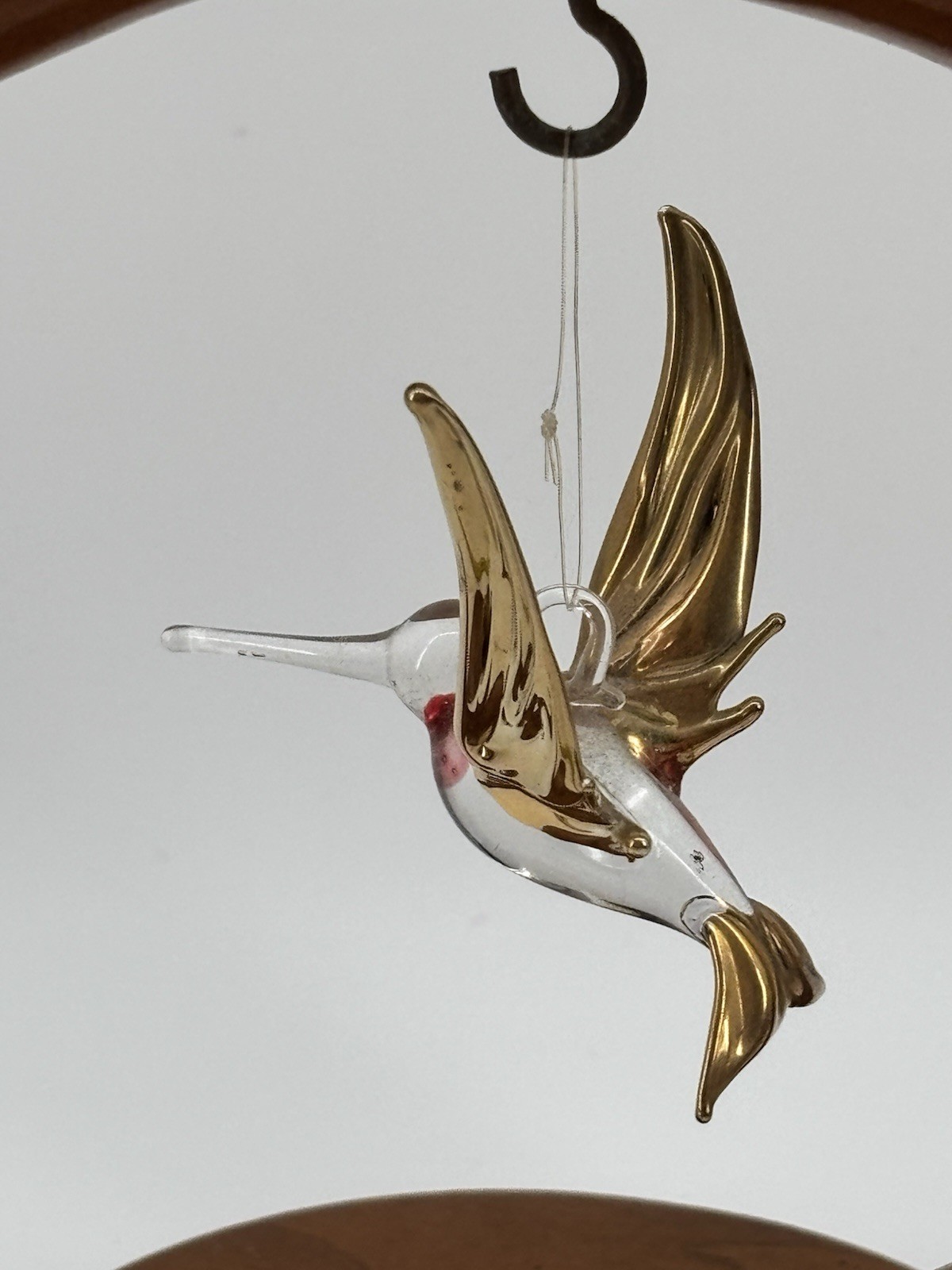 Vtg Wood Crescent Stand With Glass Hummingbird Moon Ornament Display Holder 7"