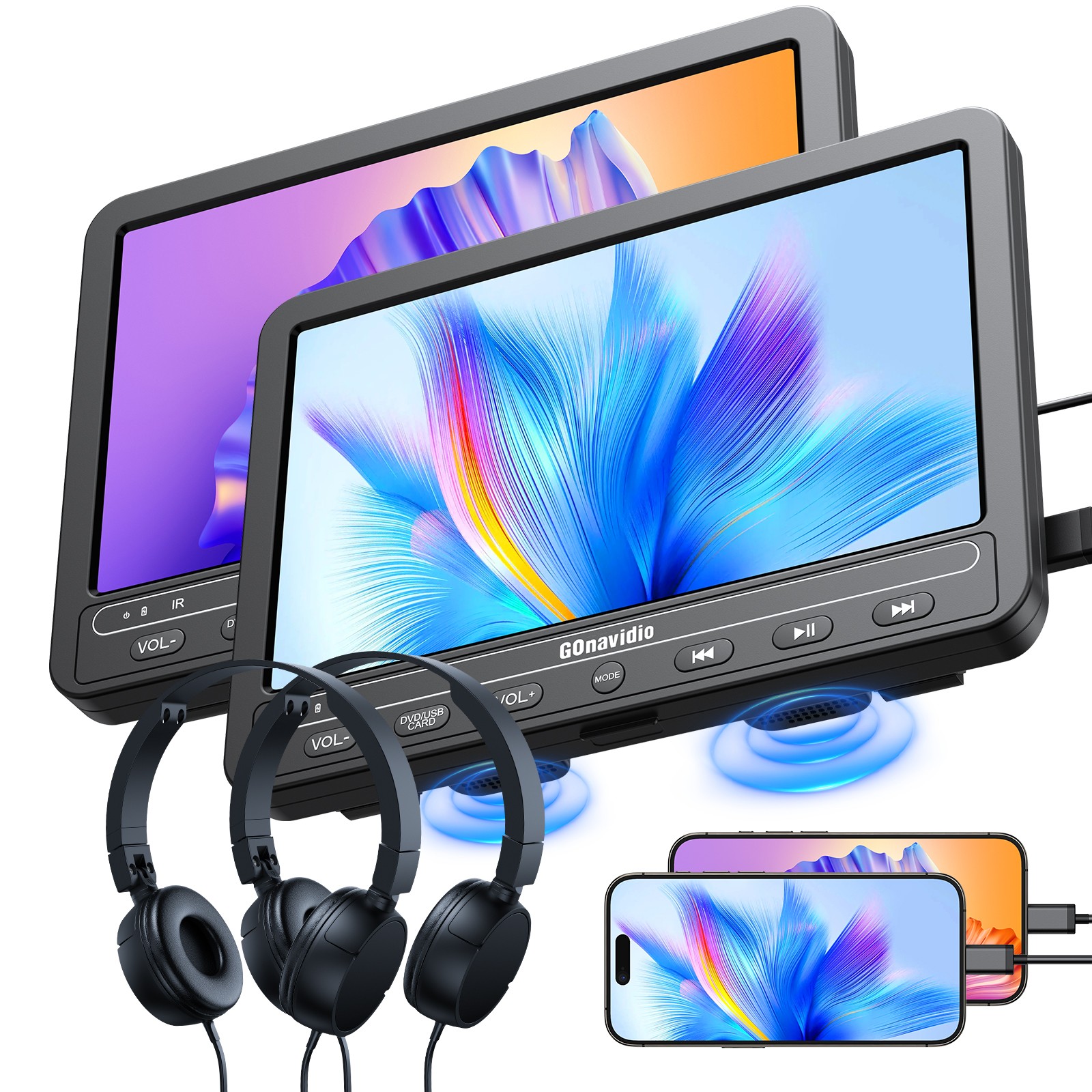 2x10.5" Car Headrest Monitor TV Dual DVD Player USB SD With Headset Rechargeable