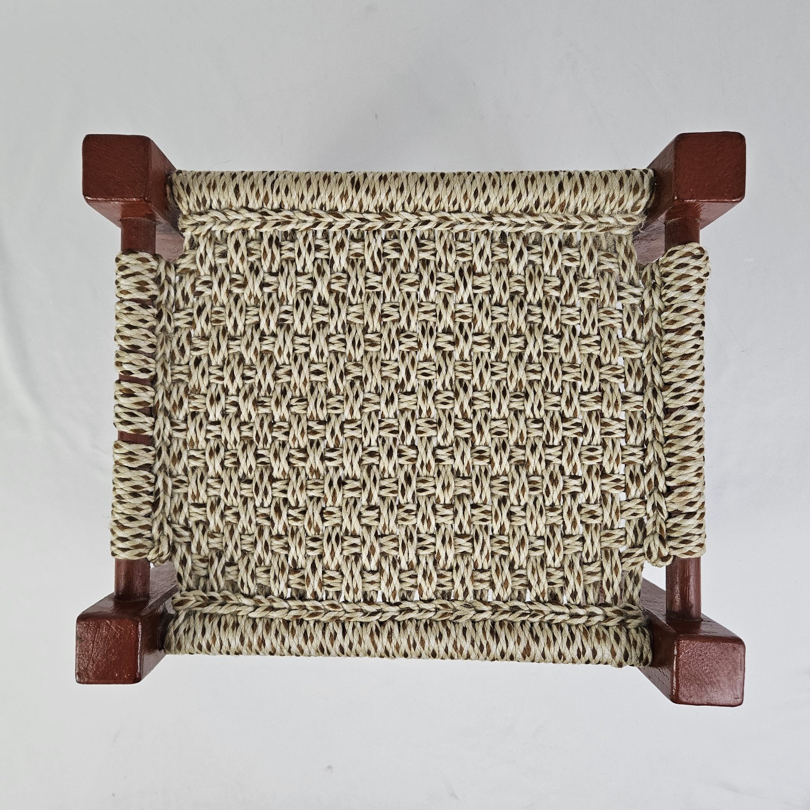 Vintage MCM Mission Footstool Stool Weaved Rope Macrame Top Arts & Crafts