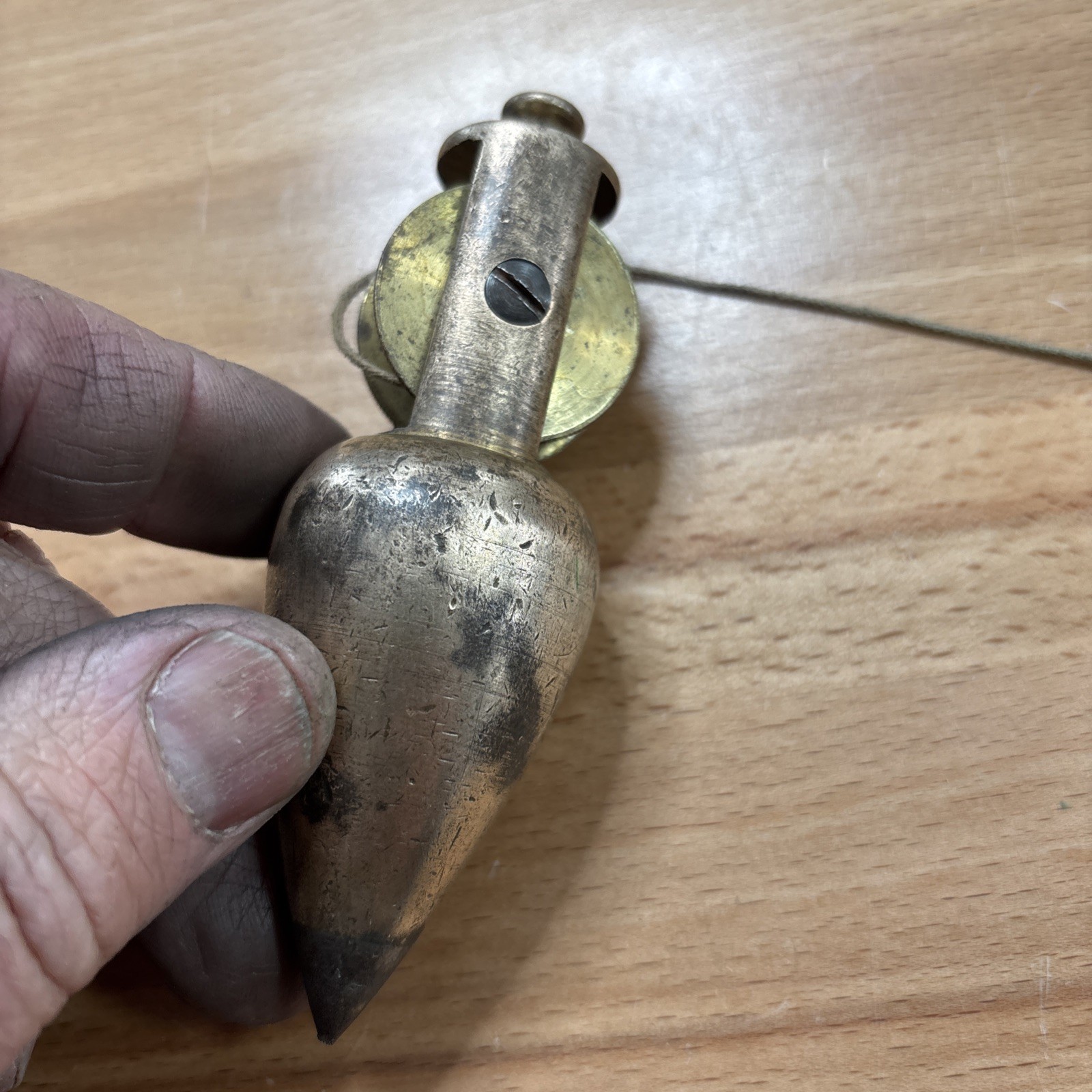 Vintage early Brass Plumb bob W / Integrated Reel Cord (Stanley?)