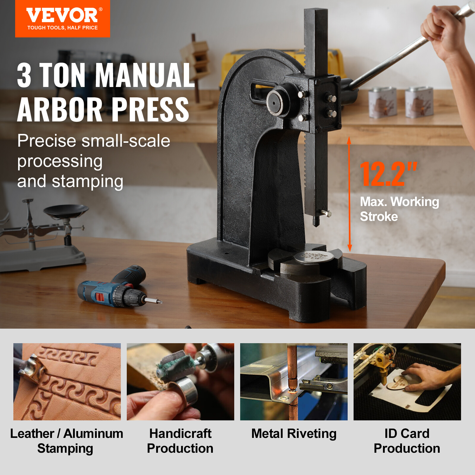 VEVOR Arbor Press 3 Ton Lever Bench Mountable Bearings Cast Iron Manual Desktop