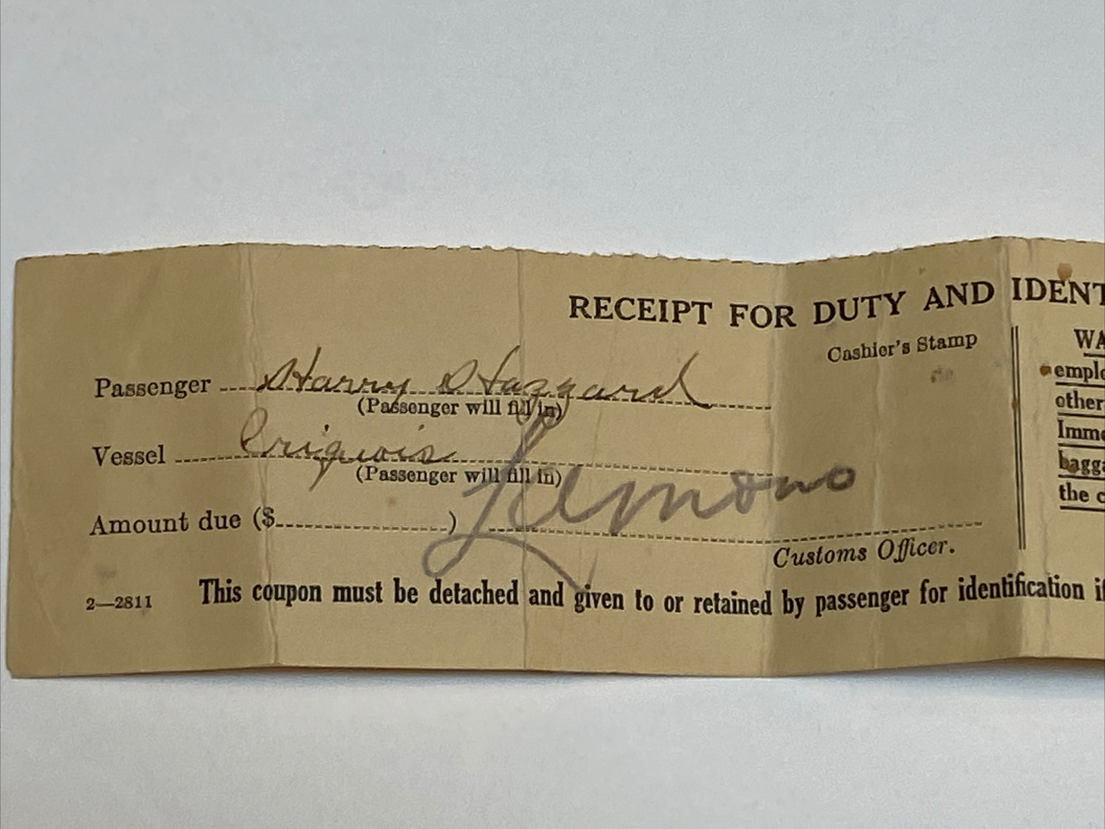 Harry Hazzard Iroquois Ship Boat Vessel Passenger ID Duty Travel Coupon Vintage