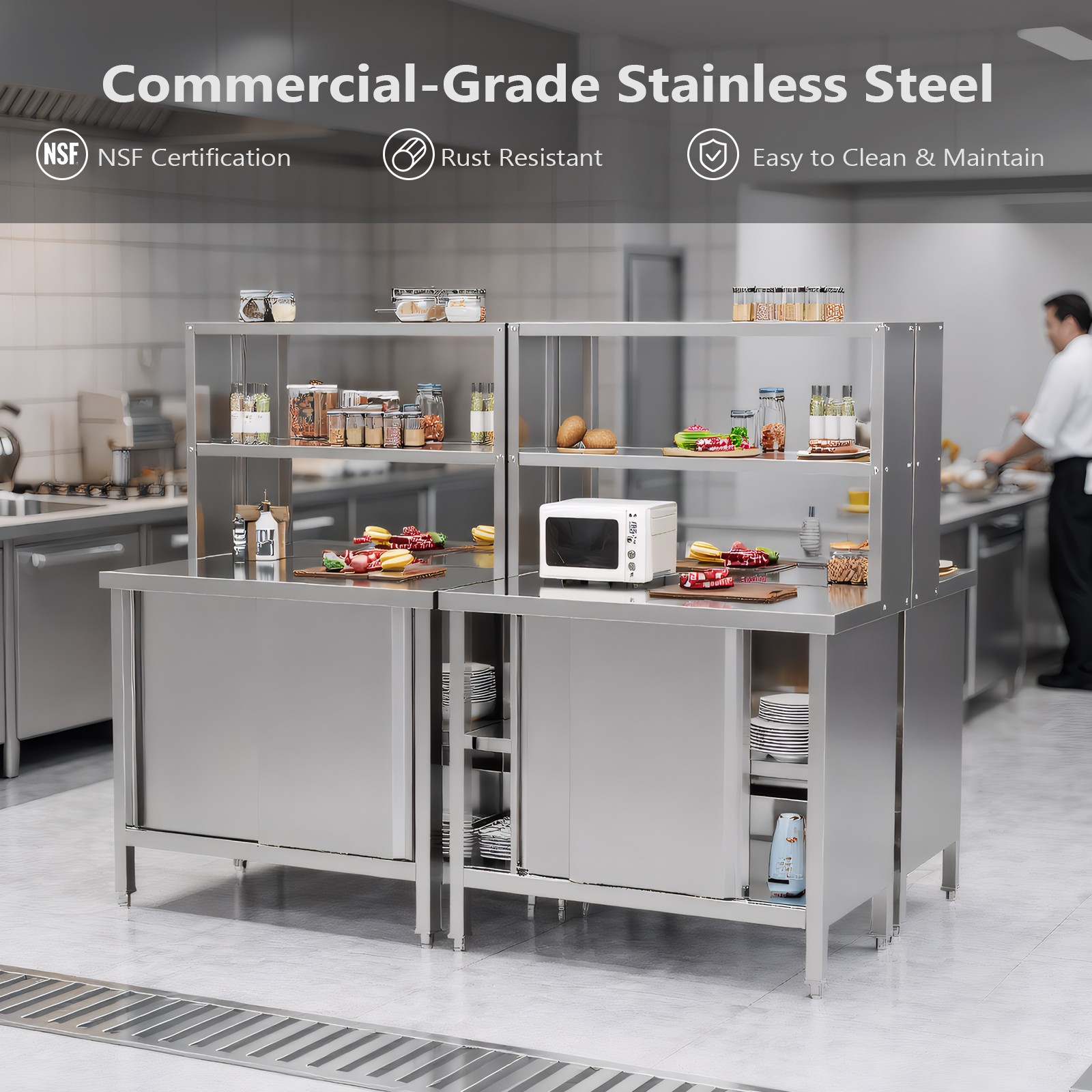 Stainless Steel Table Heavy Duty Pre Table with Overshelves and Storage Cabinet