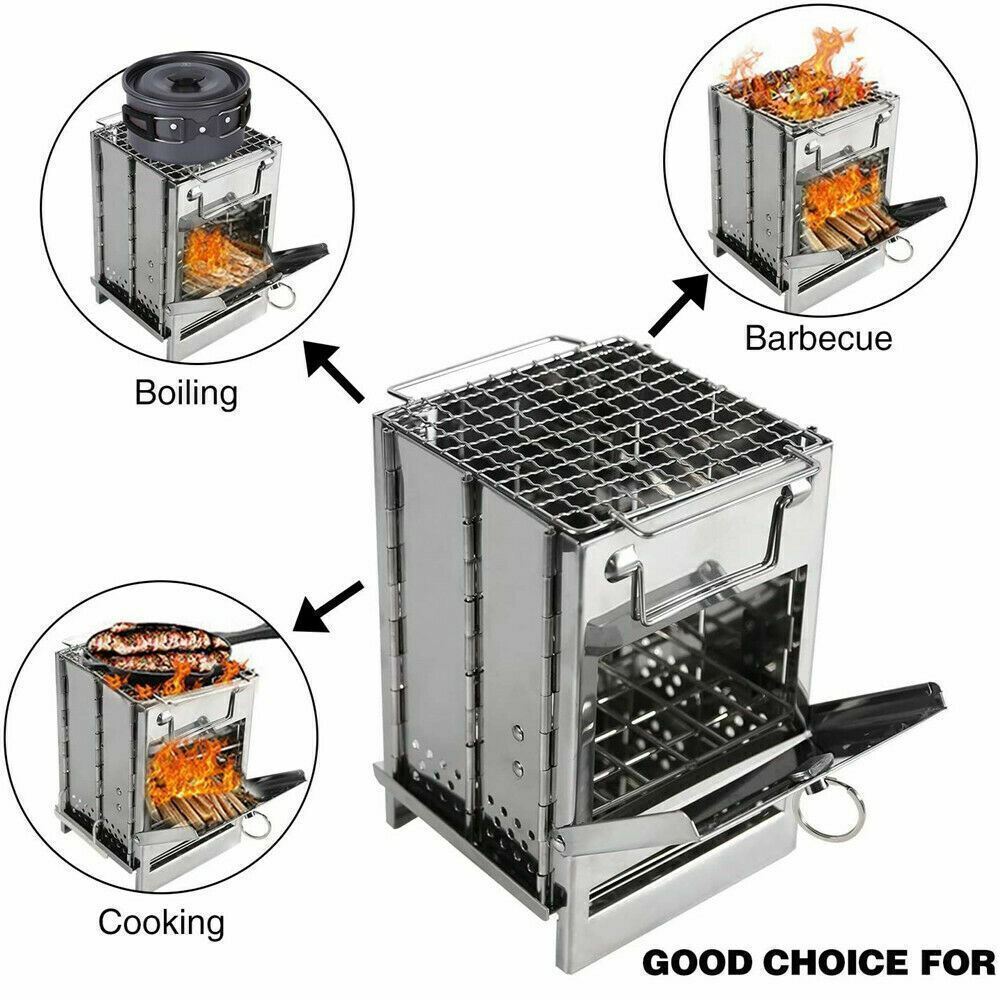 Portable Folding Stainless Steel Stove Outdoor Camping BBQ Wood Burning Stove