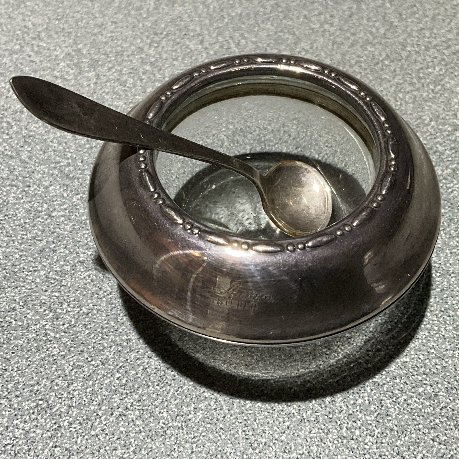 Vintage Amston Sterling Silver Salt Spices Cellar Glass Liner & Sterling spoon